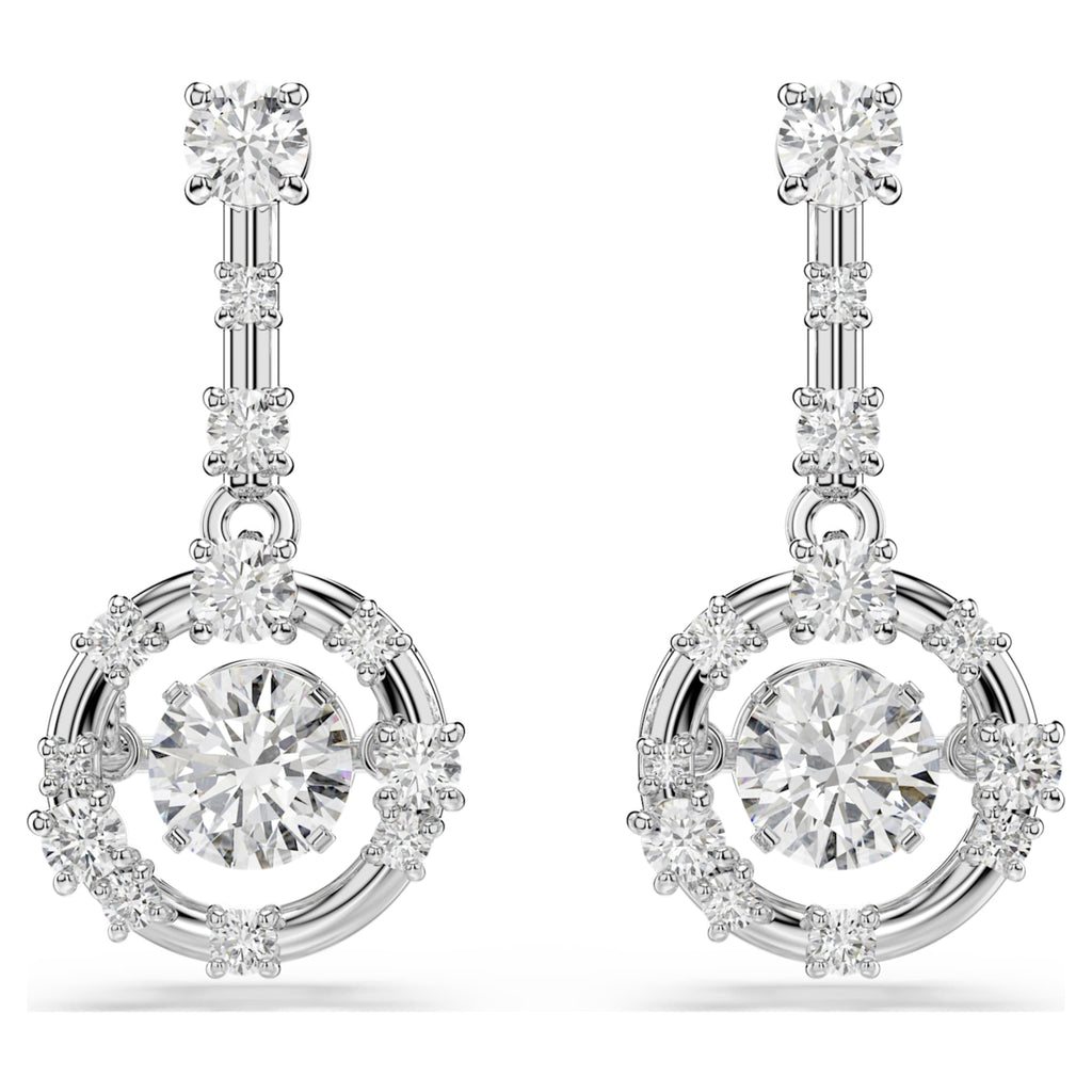 Swarovski Constella drop earrings Round cut, Dancing stone, White, Rhodium plated