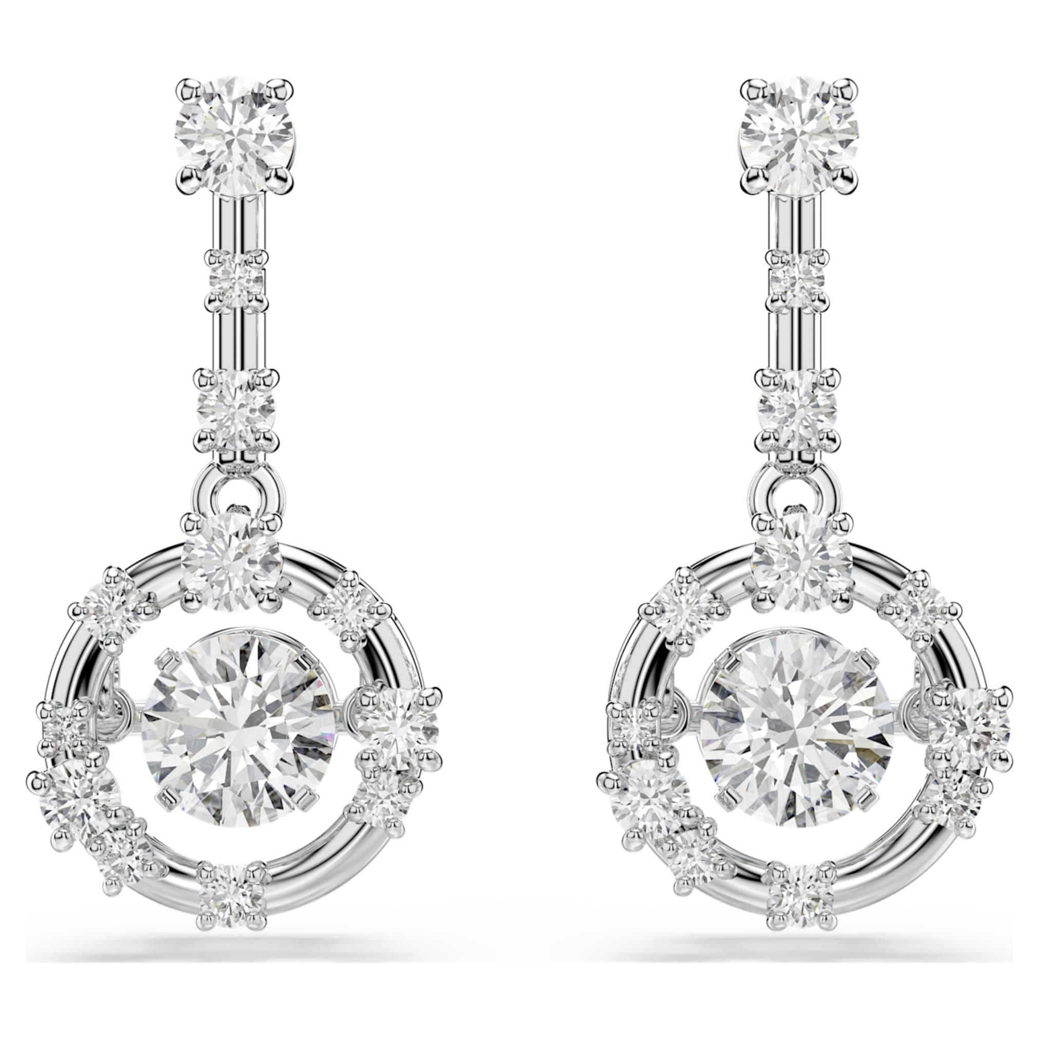 Swarovski Constella drop earrings Round cut, Dancing stone, White, Rhodium plated