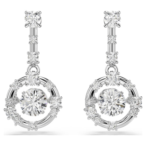 Swarovski Constella drop earrings Round cut, Dancing stone, White, Rhodium plated