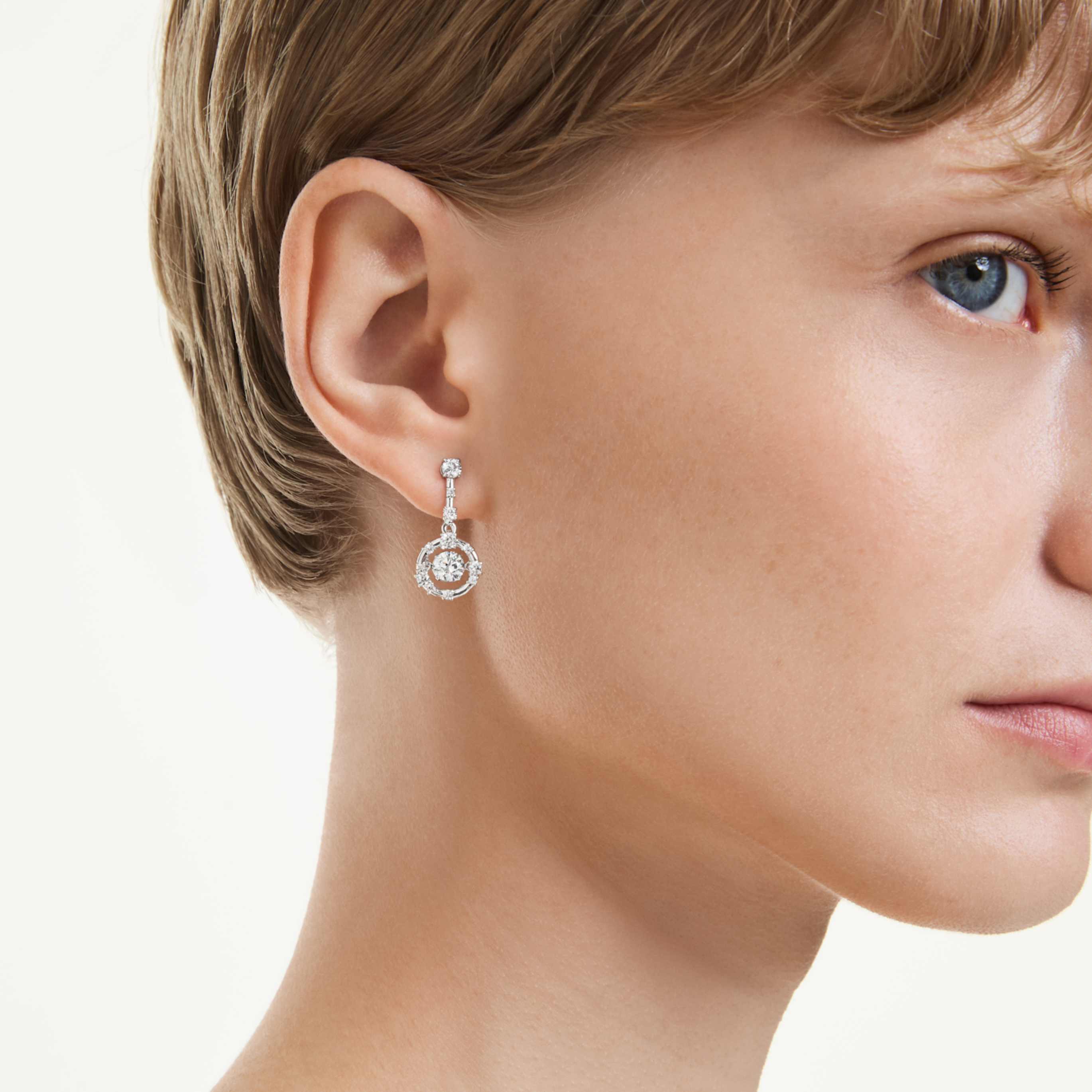 Swarovski Constella drop earrings Round cut, Dancing stone, White, Rhodium plated