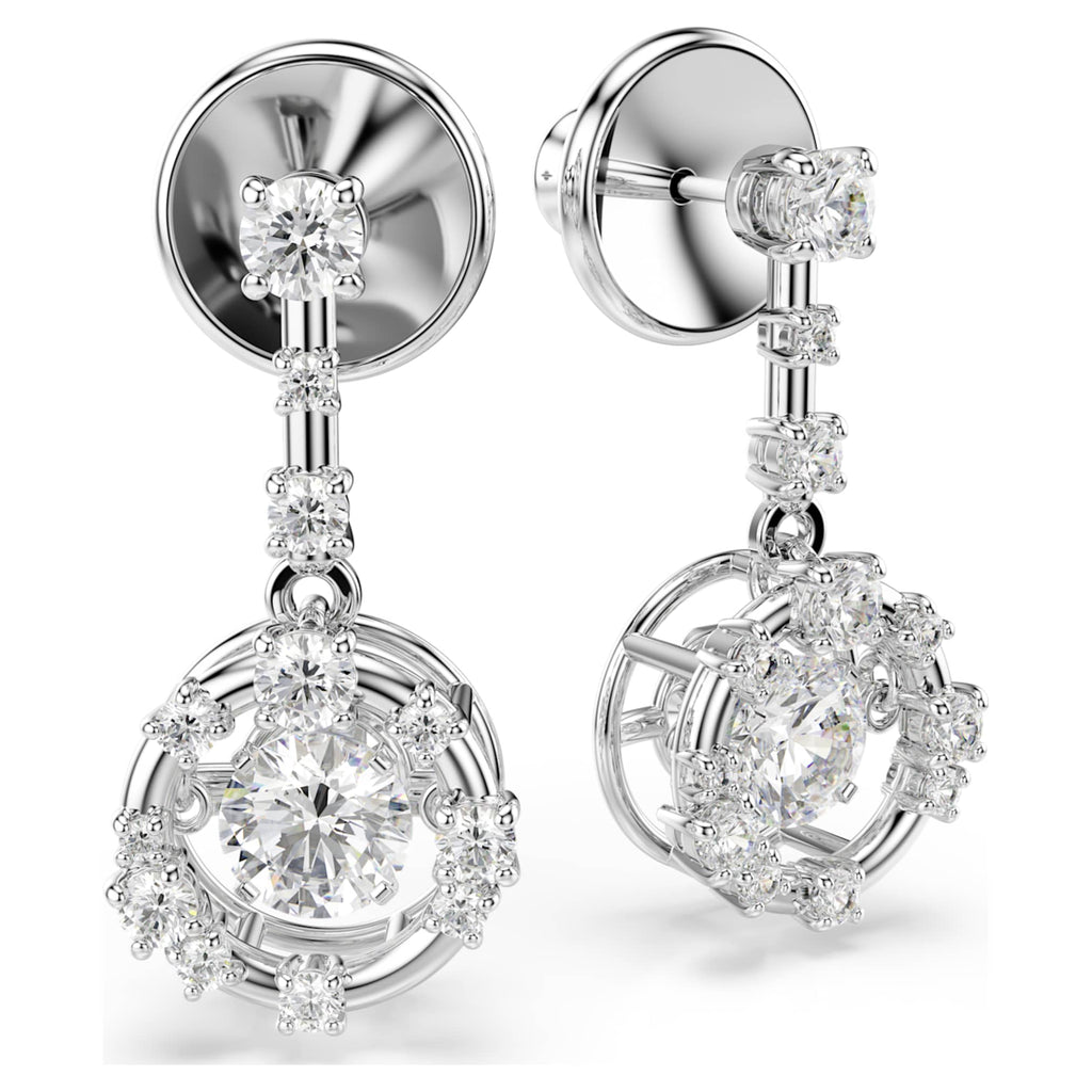 Swarovski Constella drop earrings Round cut, Dancing stone, White, Rhodium plated