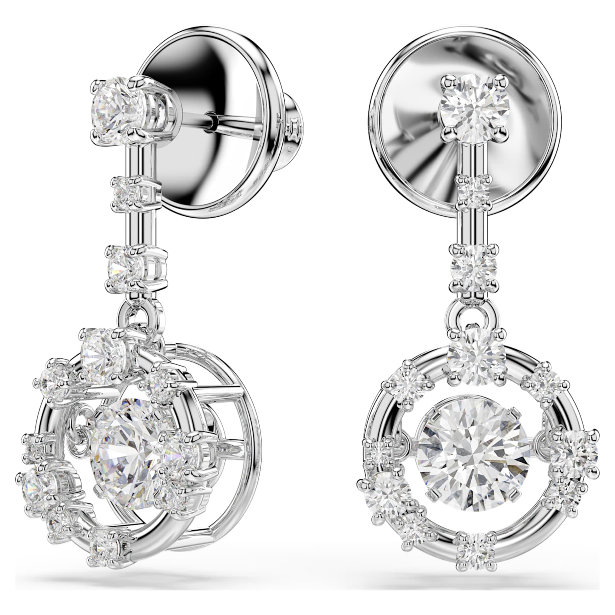 Swarovski Constella drop earrings Round cut, Dancing stone, White, Rhodium plated