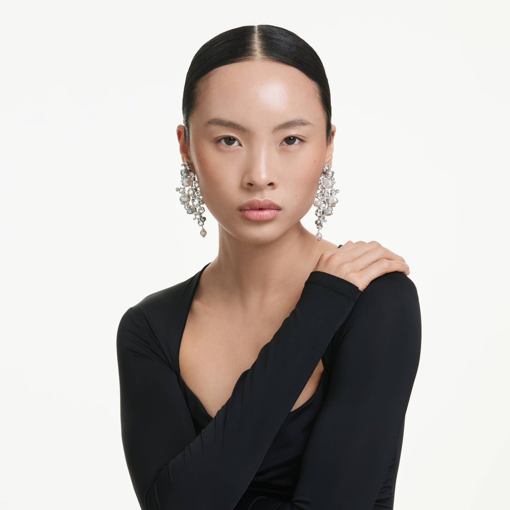 Swarovski Constella earrings Crystal pearl, Round cut, White, Rhodium plated