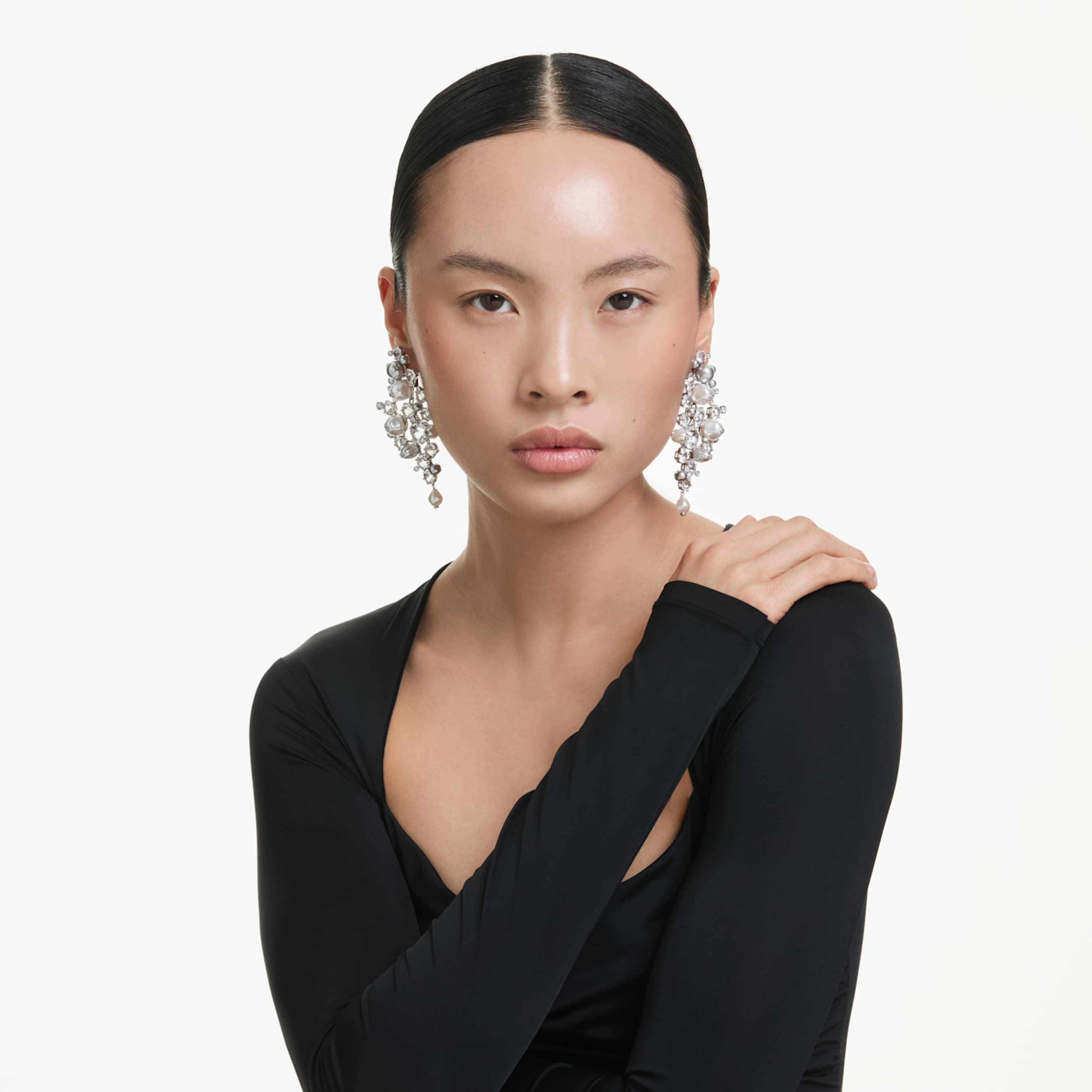 Swarovski Constella earrings Crystal pearl, Round cut, White, Rhodium plated