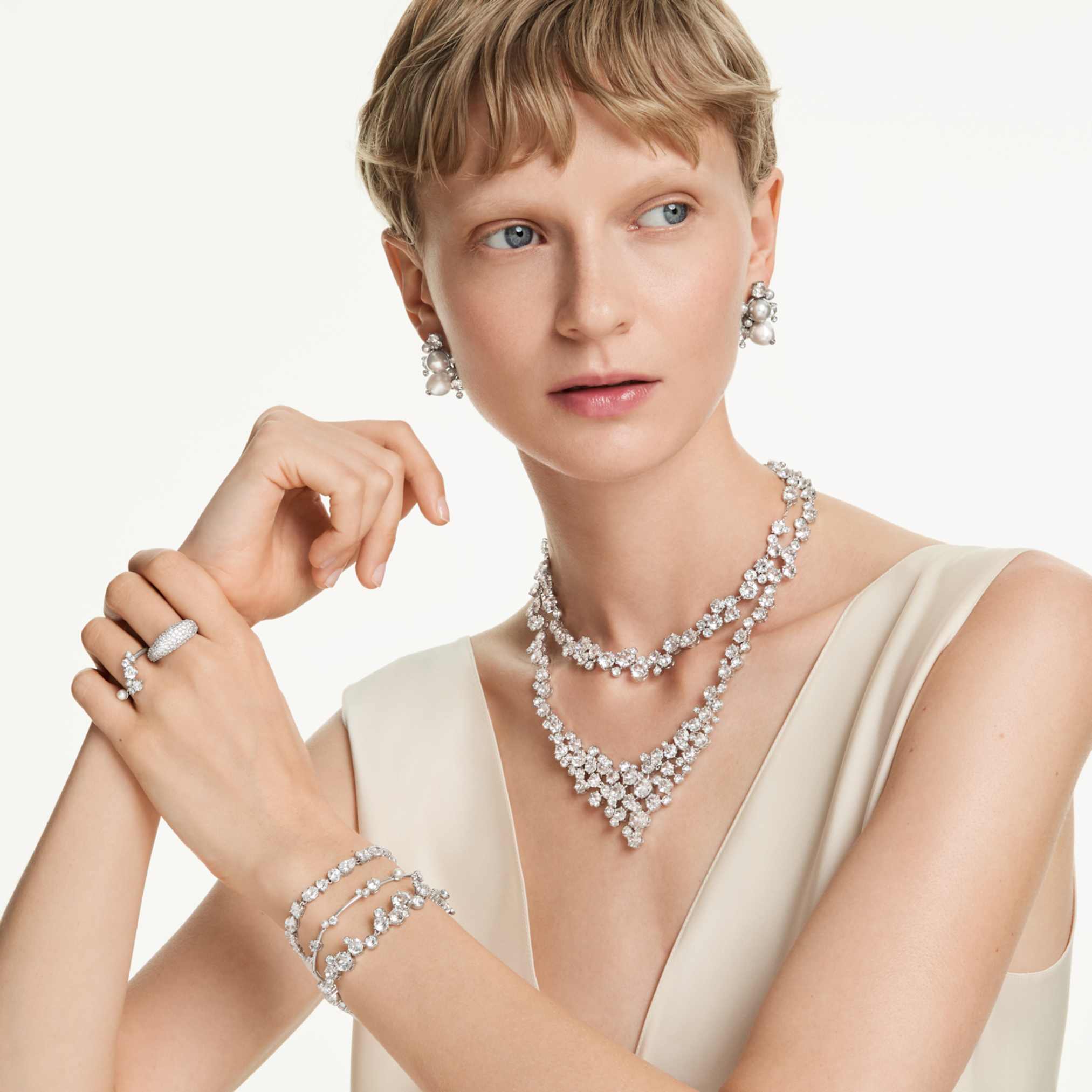 Swarovski Constella necklace Mixed cuts, Clasp, White, Rhodium plated