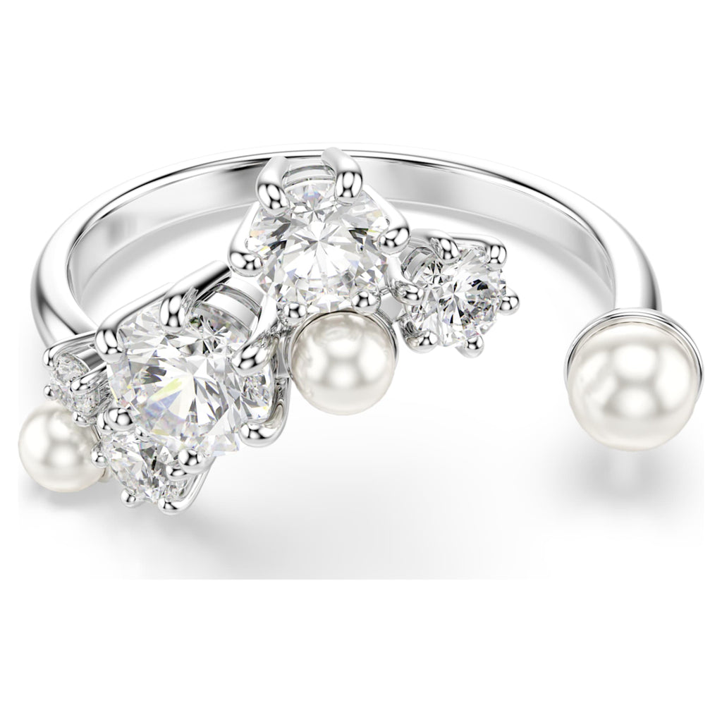 Swarovski Constella open ring Crystal pearl, Round cuts, White, Rhodium plated