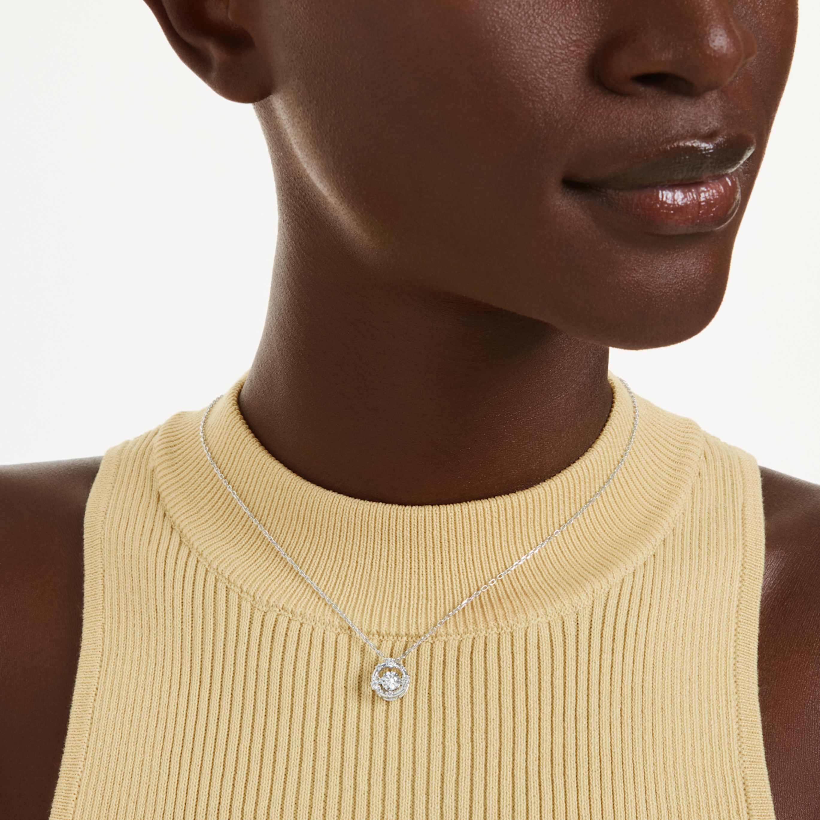 Swarovski Constella pendant Round cut, Dancing stone, Pink, 18K rose gold finish