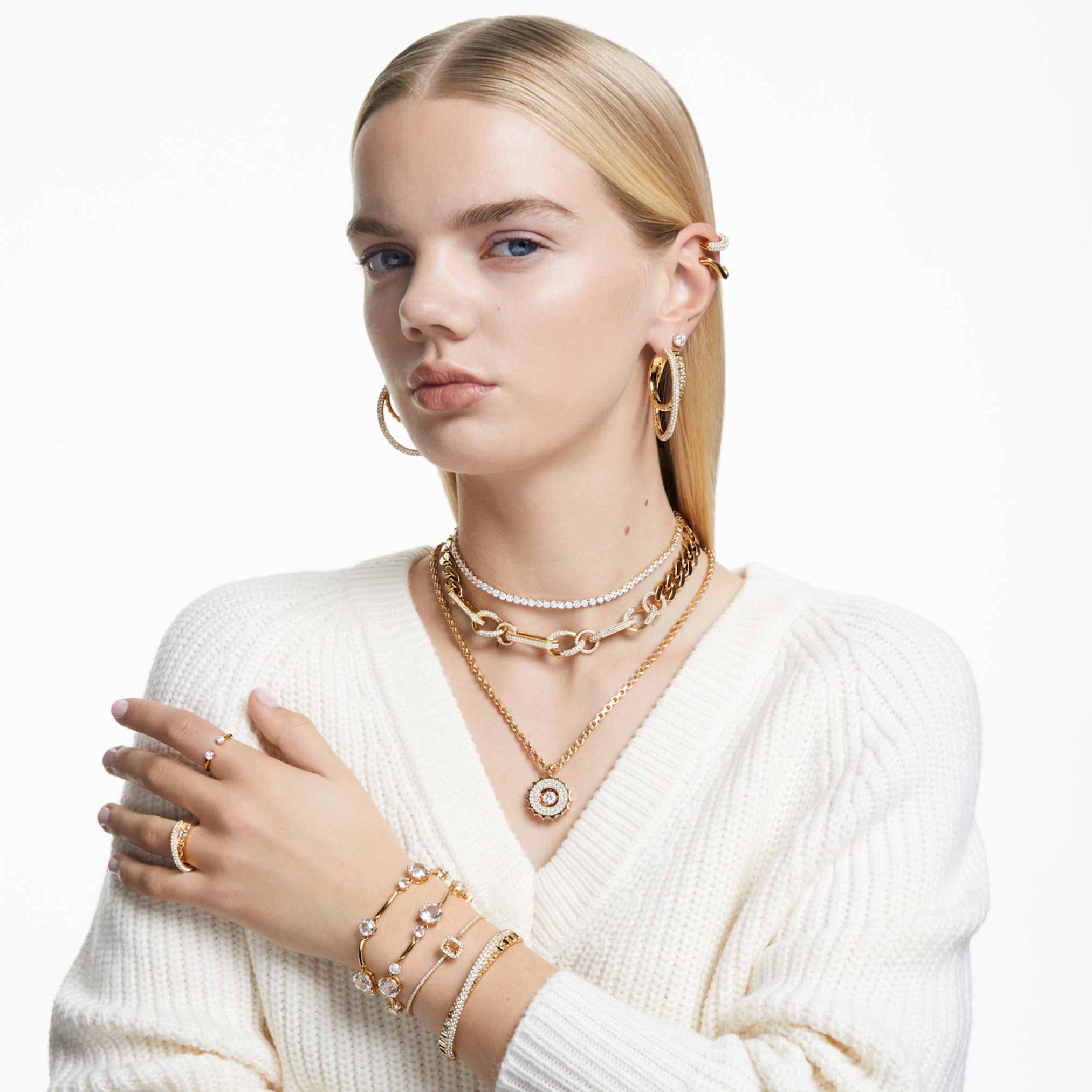Swarovski Constella ring Set (2), Round cut, White, 18K gold finish