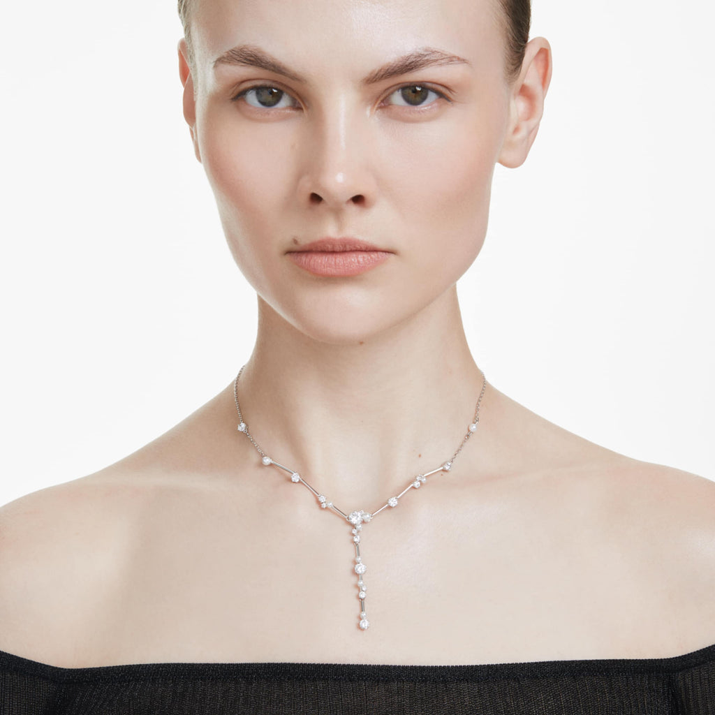 Swarovski Constella Y necklace Crystal pearl, Round cuts, White, Rhodium plated