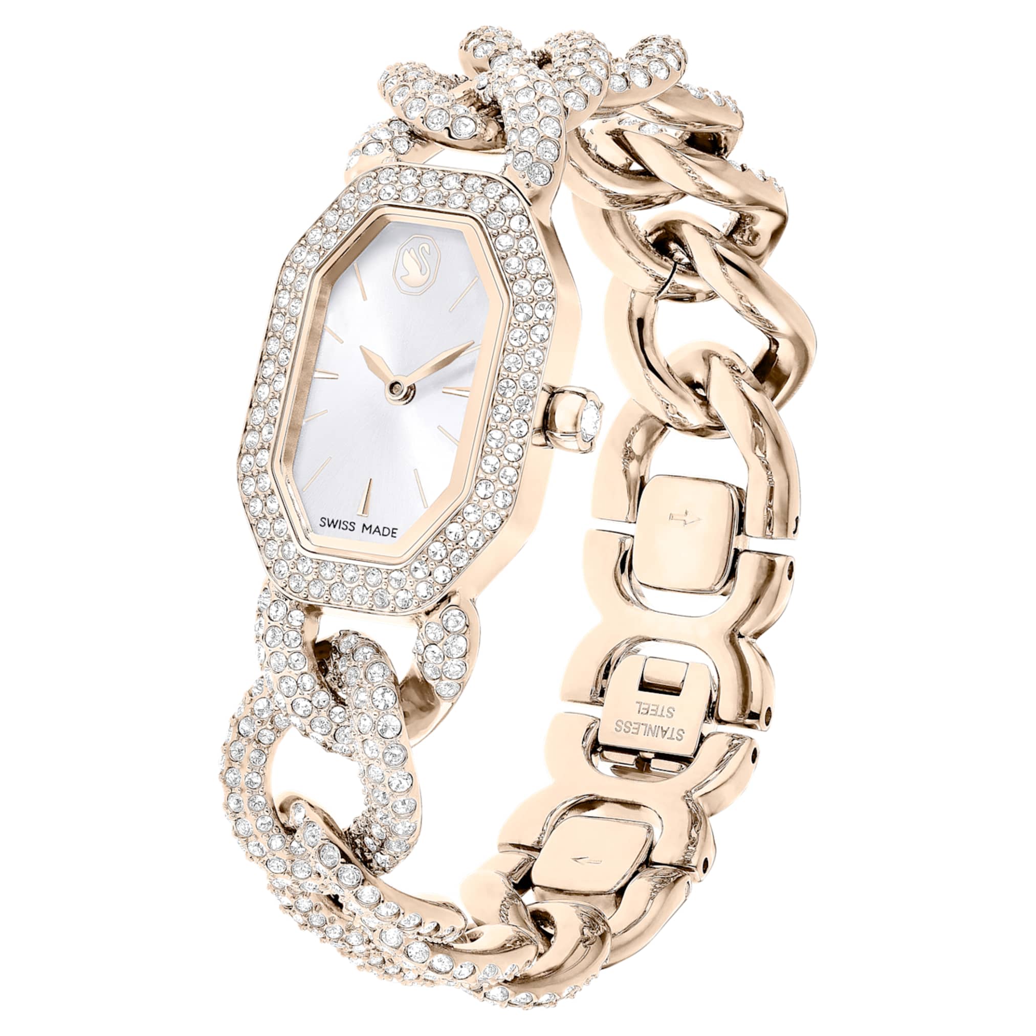 Swarovski Dextera chain watch Swiss Made, Crystal bracelet, White, Champagne gold-tone finish
