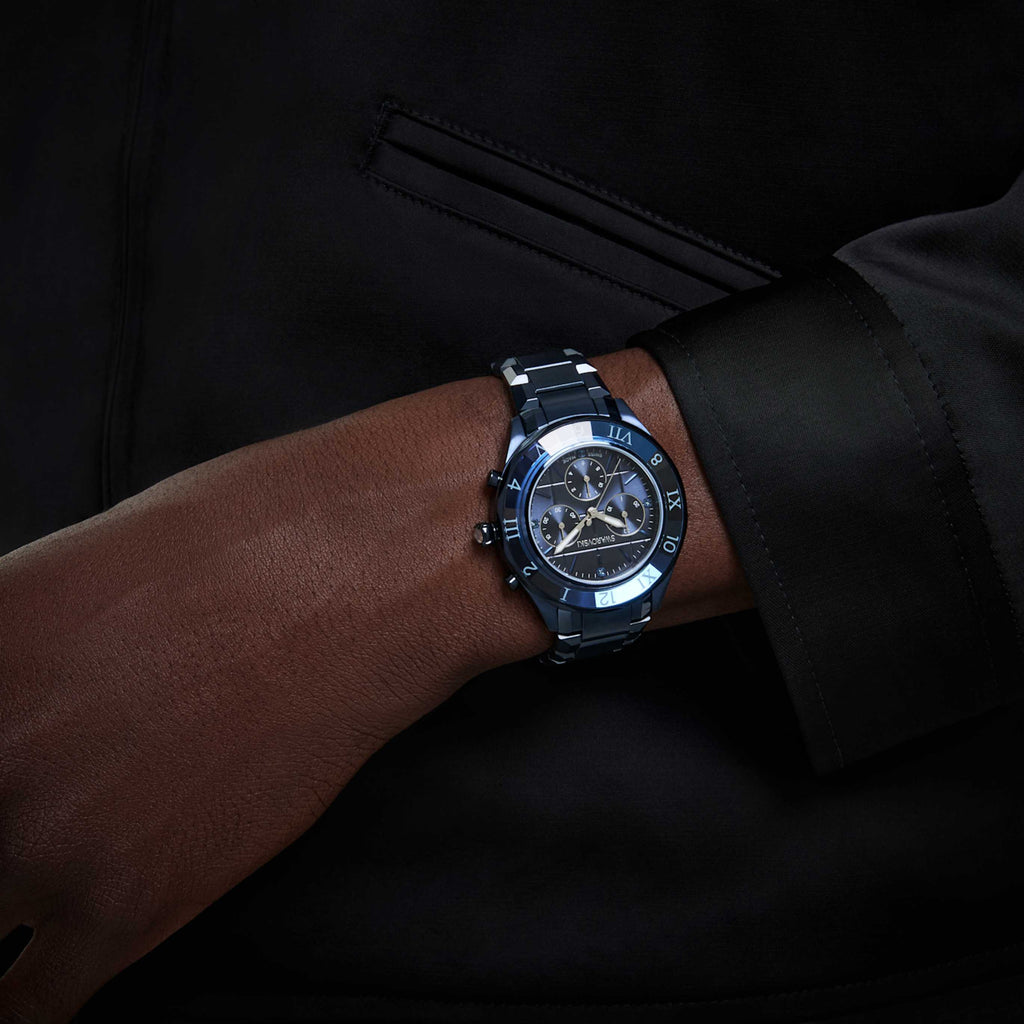 Swarovski Dextera chrono watch 39mm, Swiss Made, Metal bracelet, Blue, Blue finish