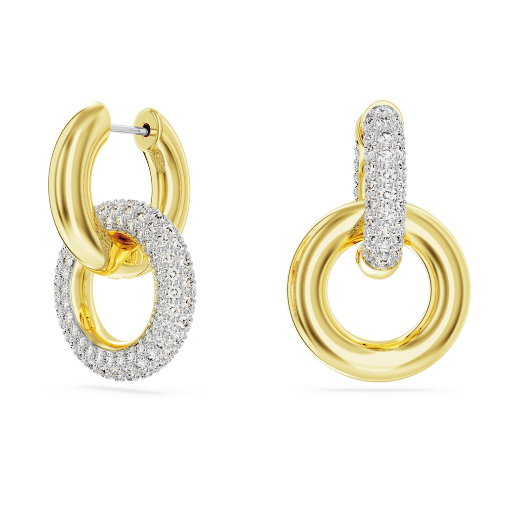 Swarovski Dextera hoop earrings Asymmetrical design, Interlocking loop, White, 18K gold finish