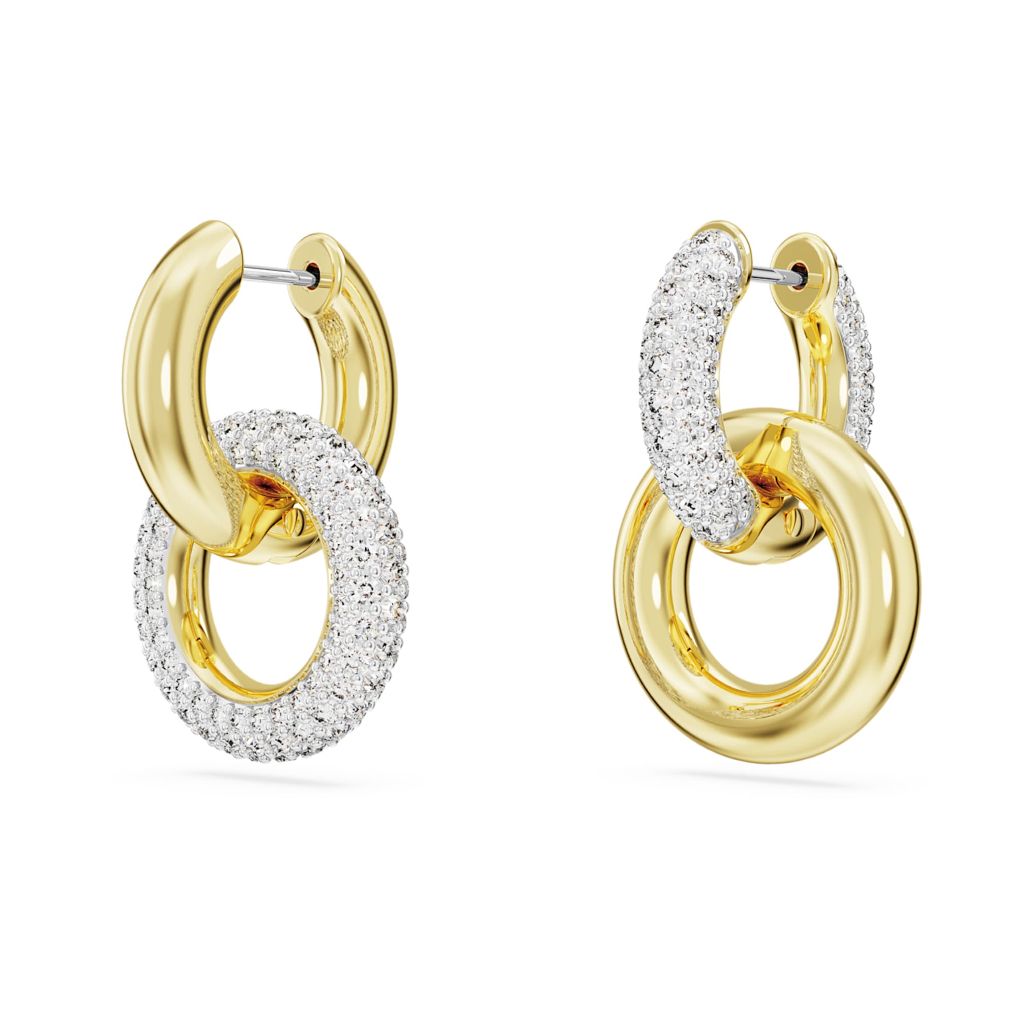 Swarovski Dextera hoop earrings Asymmetrical design, Interlocking loop, White, 18K gold finish