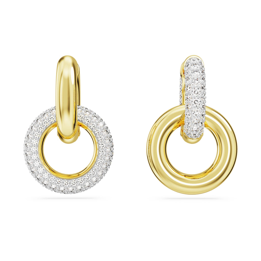 Swarovski Dextera hoop earrings Asymmetrical design, Interlocking loop, White, 18K gold finish