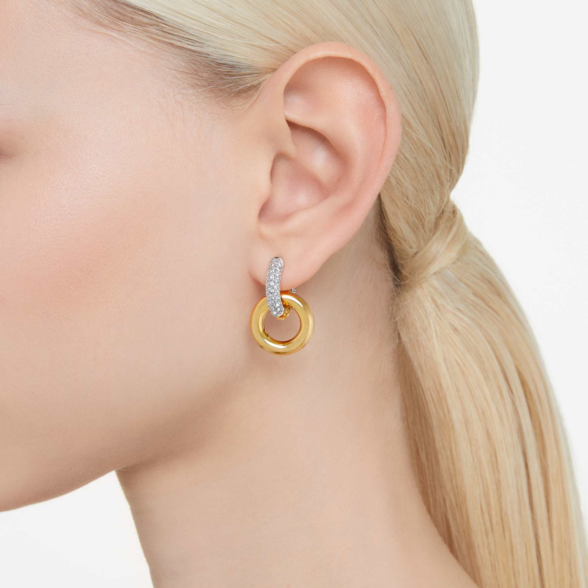 Swarovski Dextera hoop earrings Asymmetrical design, Interlocking loop, White, 18K gold finish