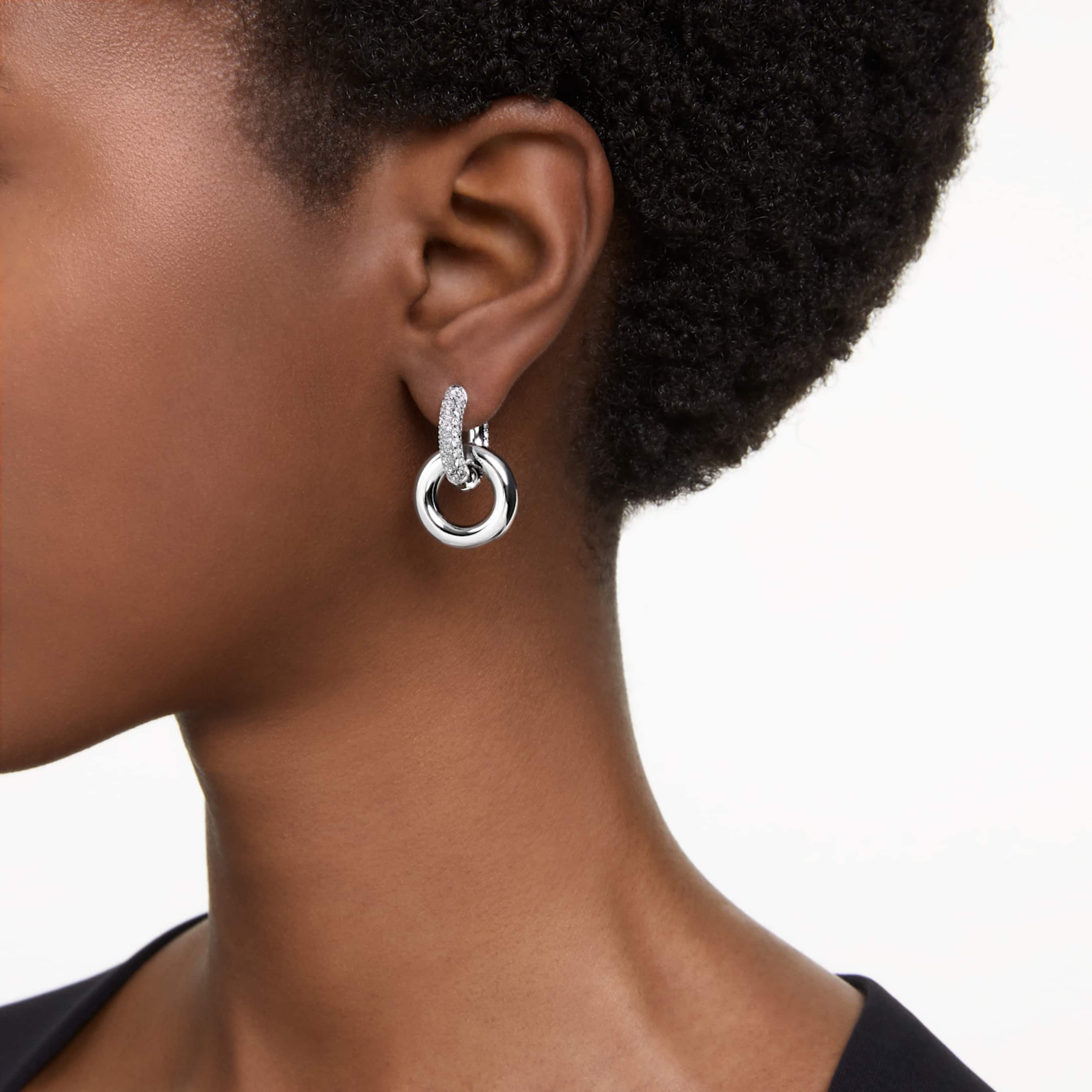 Swarovski Dextera hoop earrings Asymmetrical design, Interlocking loop, White, 18K gold finish