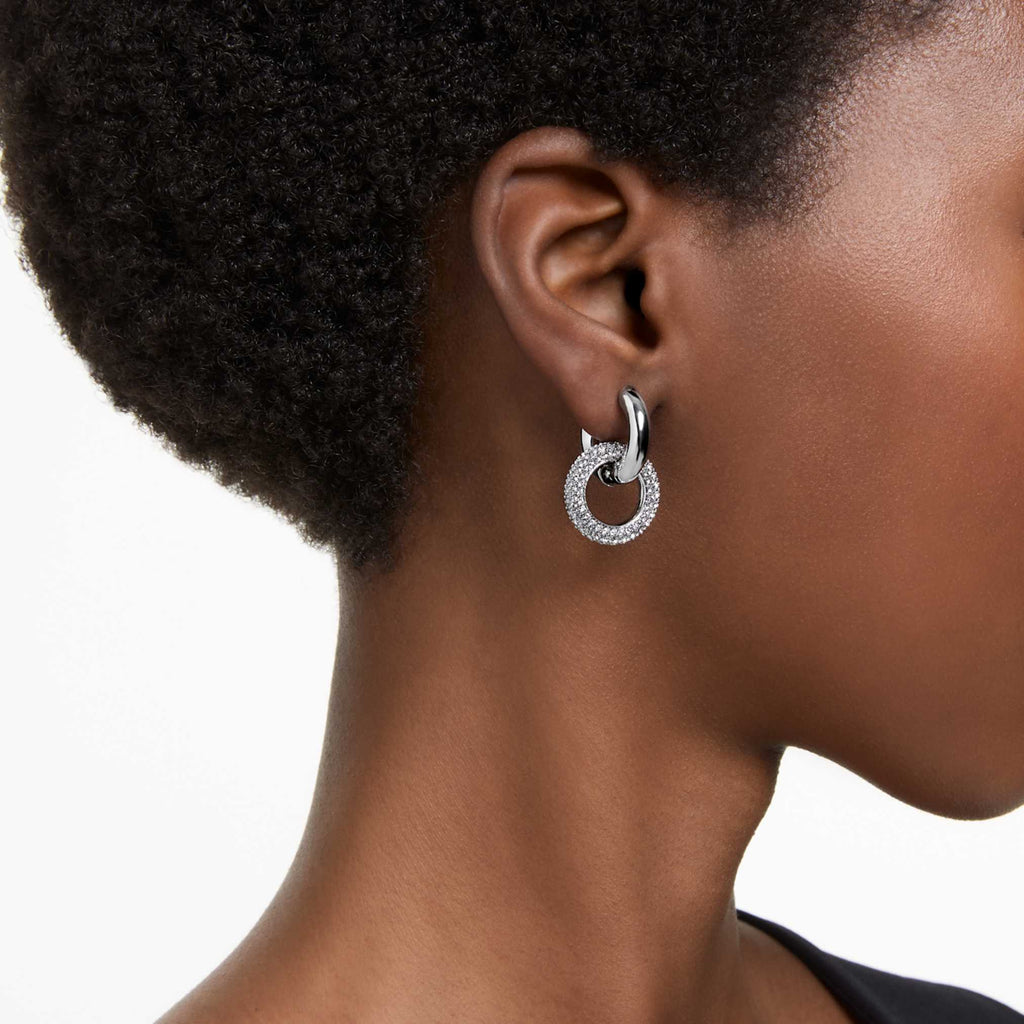 Swarovski Dextera hoop earrings Asymmetrical design, Interlocking loop, White, Rhodium plated