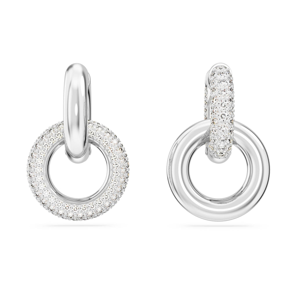 Swarovski Dextera hoop earrings Asymmetrical design, Interlocking loop, White, Rhodium plated