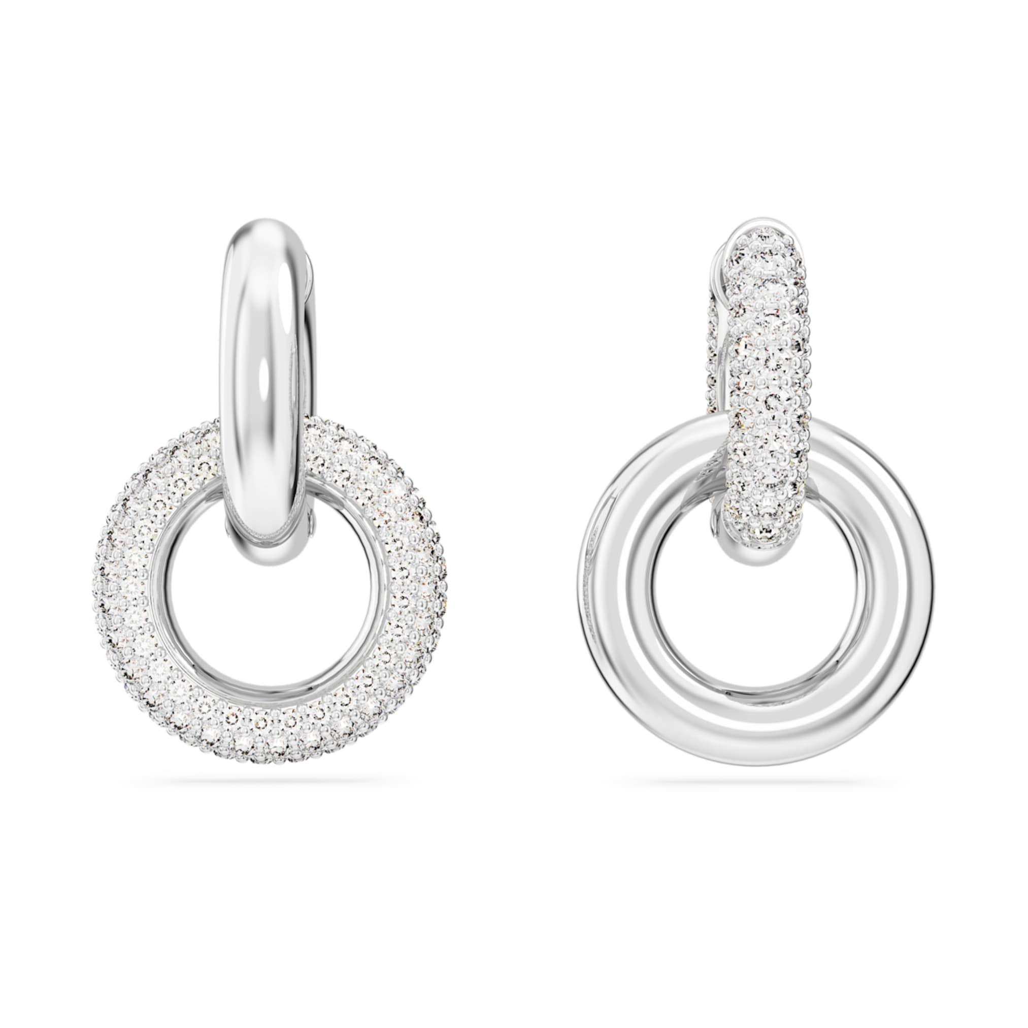 Swarovski Dextera hoop earrings Asymmetrical design, Interlocking loop, White, Rhodium plated