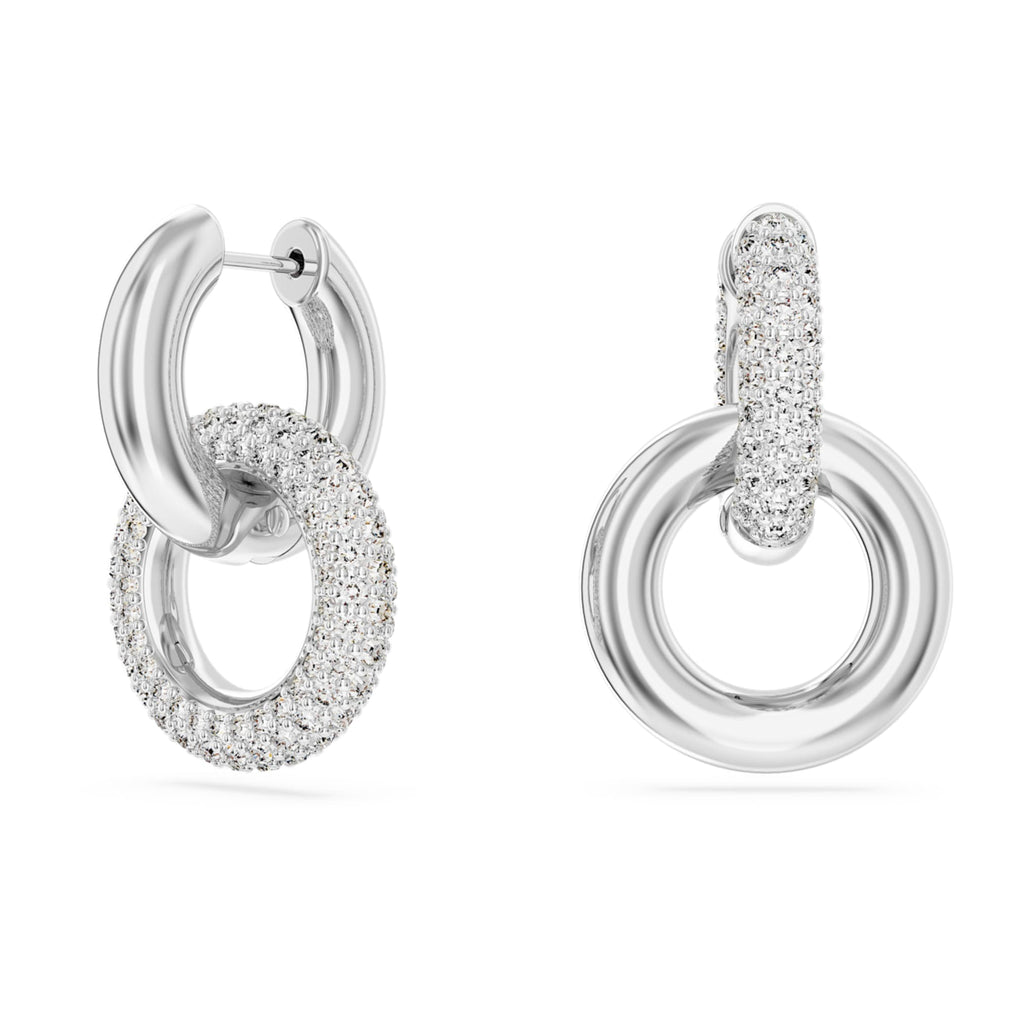 Swarovski Dextera hoop earrings Asymmetrical design, Interlocking loop, White, Rhodium plated
