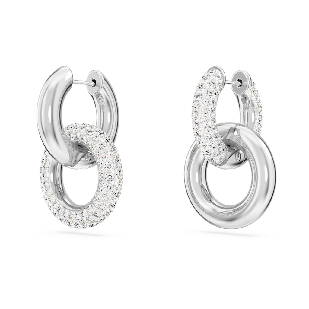 Swarovski Dextera hoop earrings Asymmetrical design, Interlocking loop, White, Rhodium plated