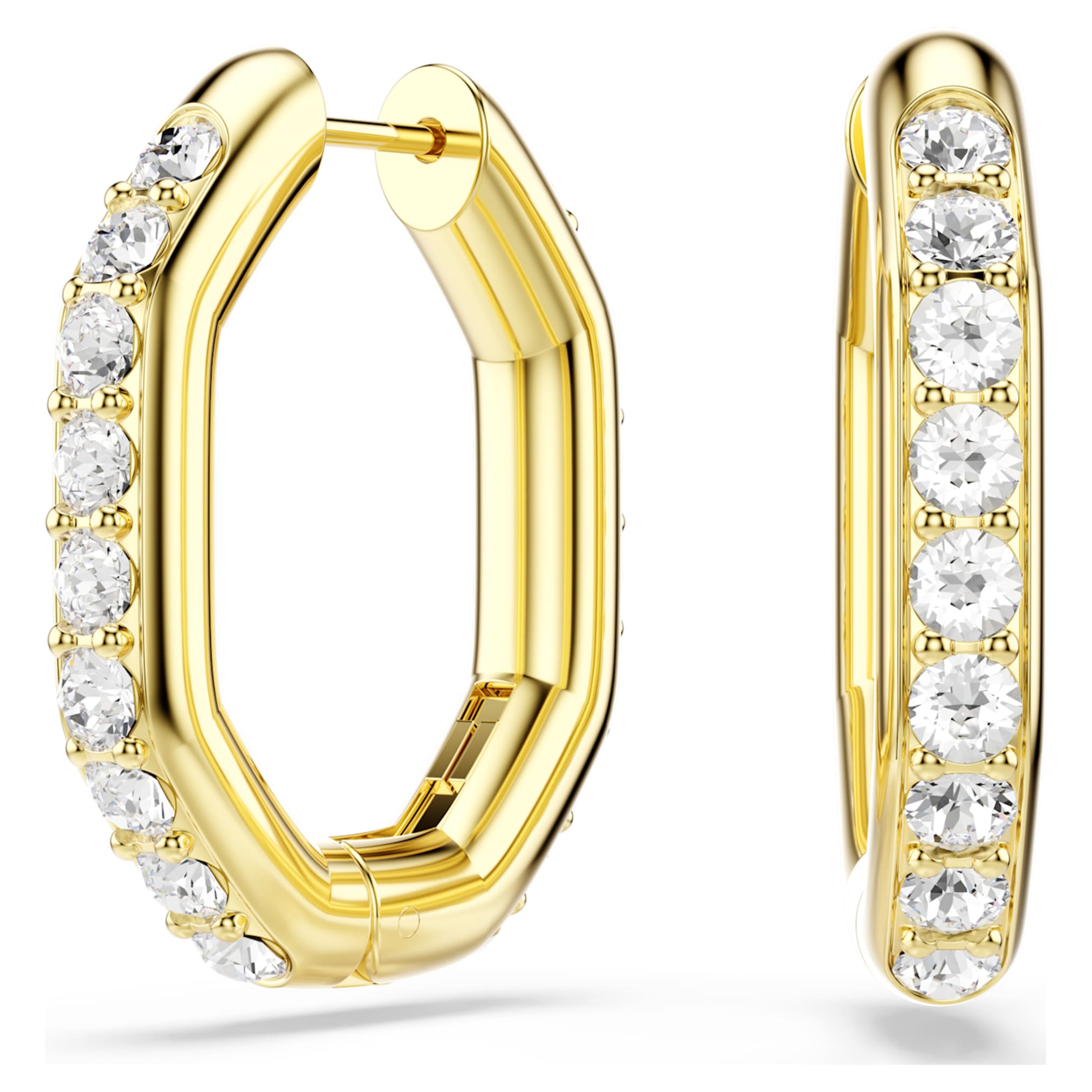 Swarovski Dextera hoop earrings Octagon shape, Round cut, Medium, White, 18K gold finish
