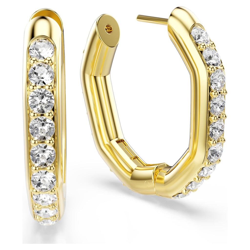 Swarovski Dextera hoop earrings Octagon shape, Round cut, Medium, White, 18K gold finish
