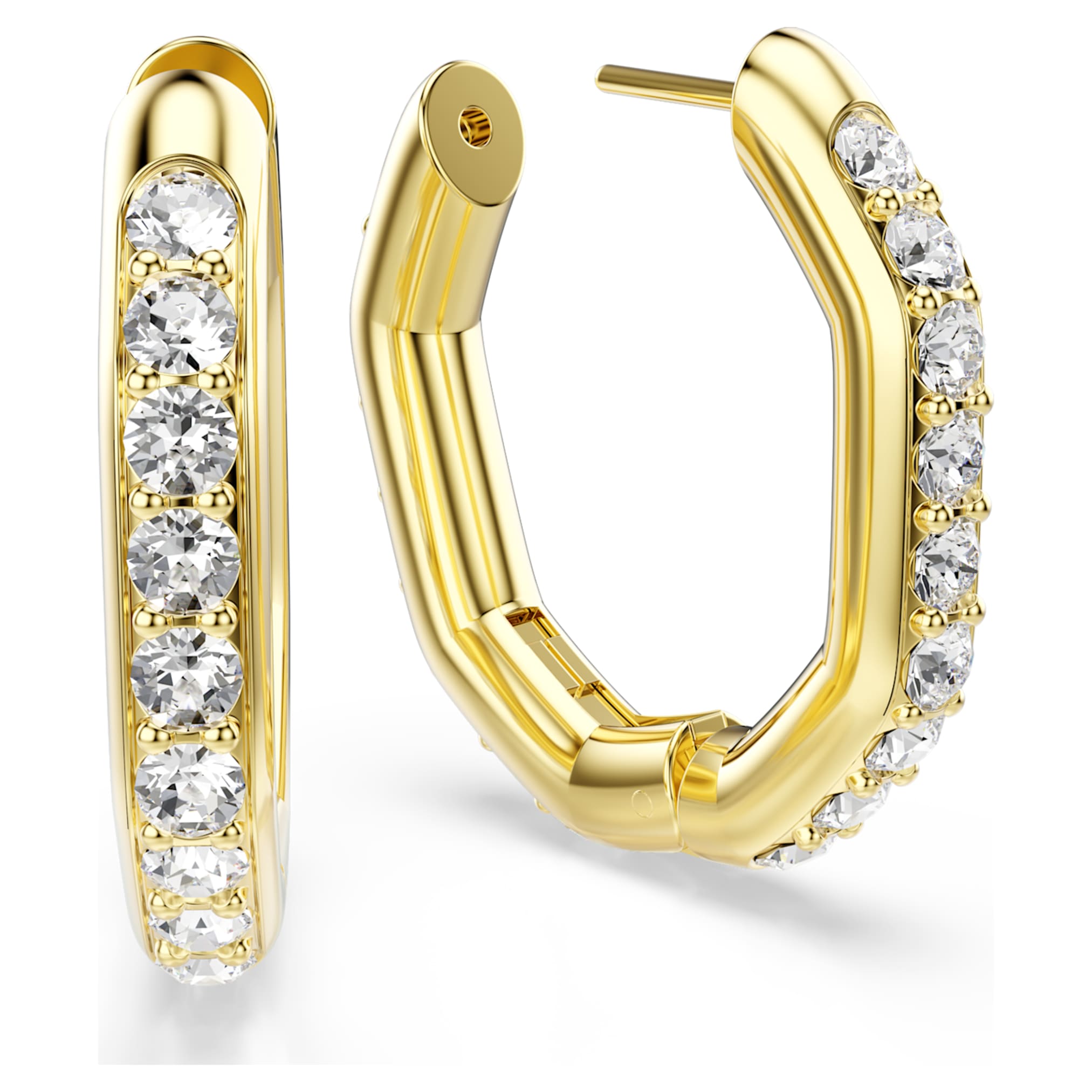 Swarovski Dextera hoop earrings Octagon shape, Round cut, Medium, White, 18K gold finish