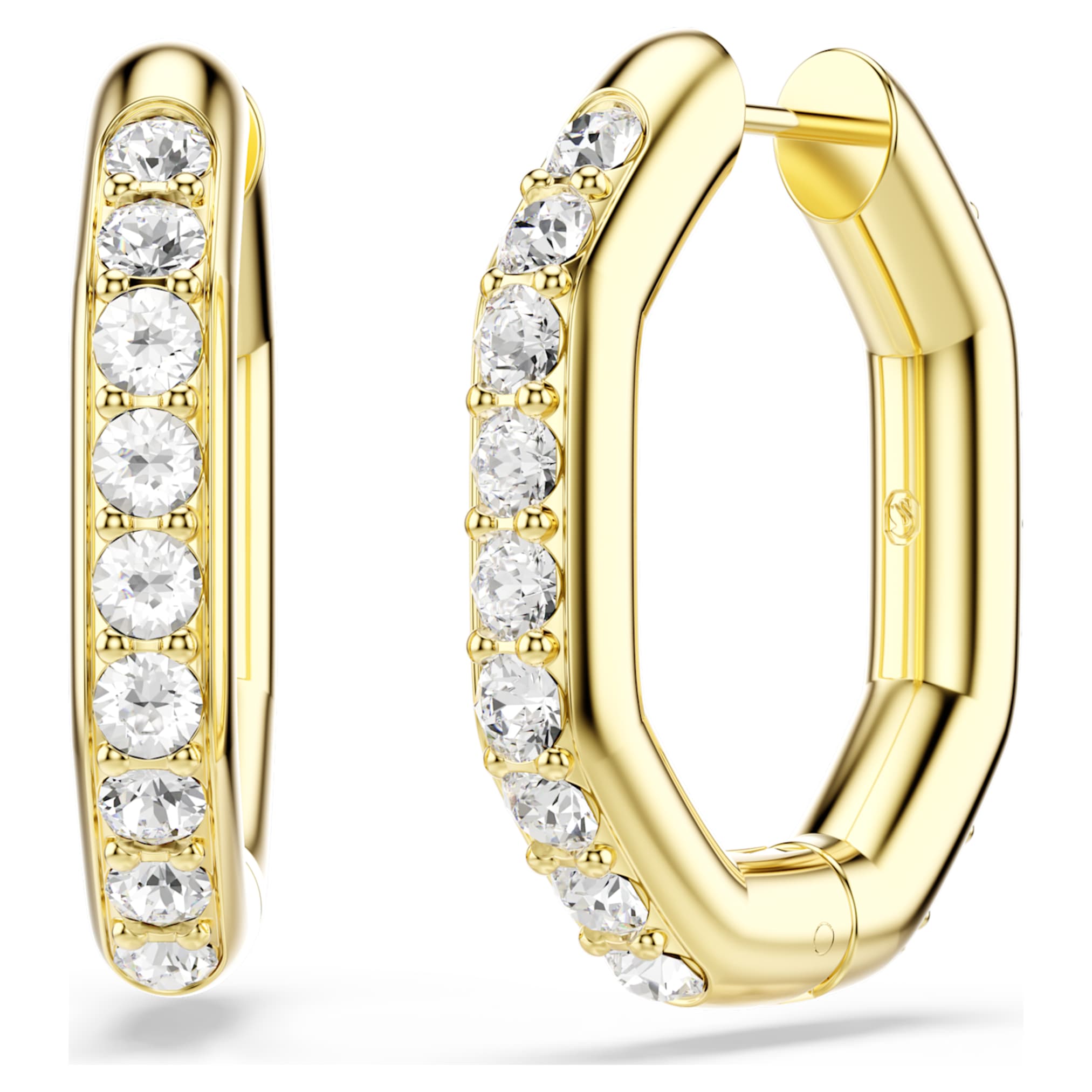 Swarovski Dextera hoop earrings Octagon shape, Round cut, Medium, White, 18K gold finish