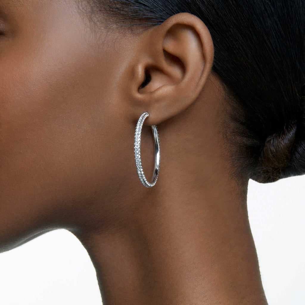 Swarovski Dextera hoop earrings Pavé, Large, White, Rhodium plated