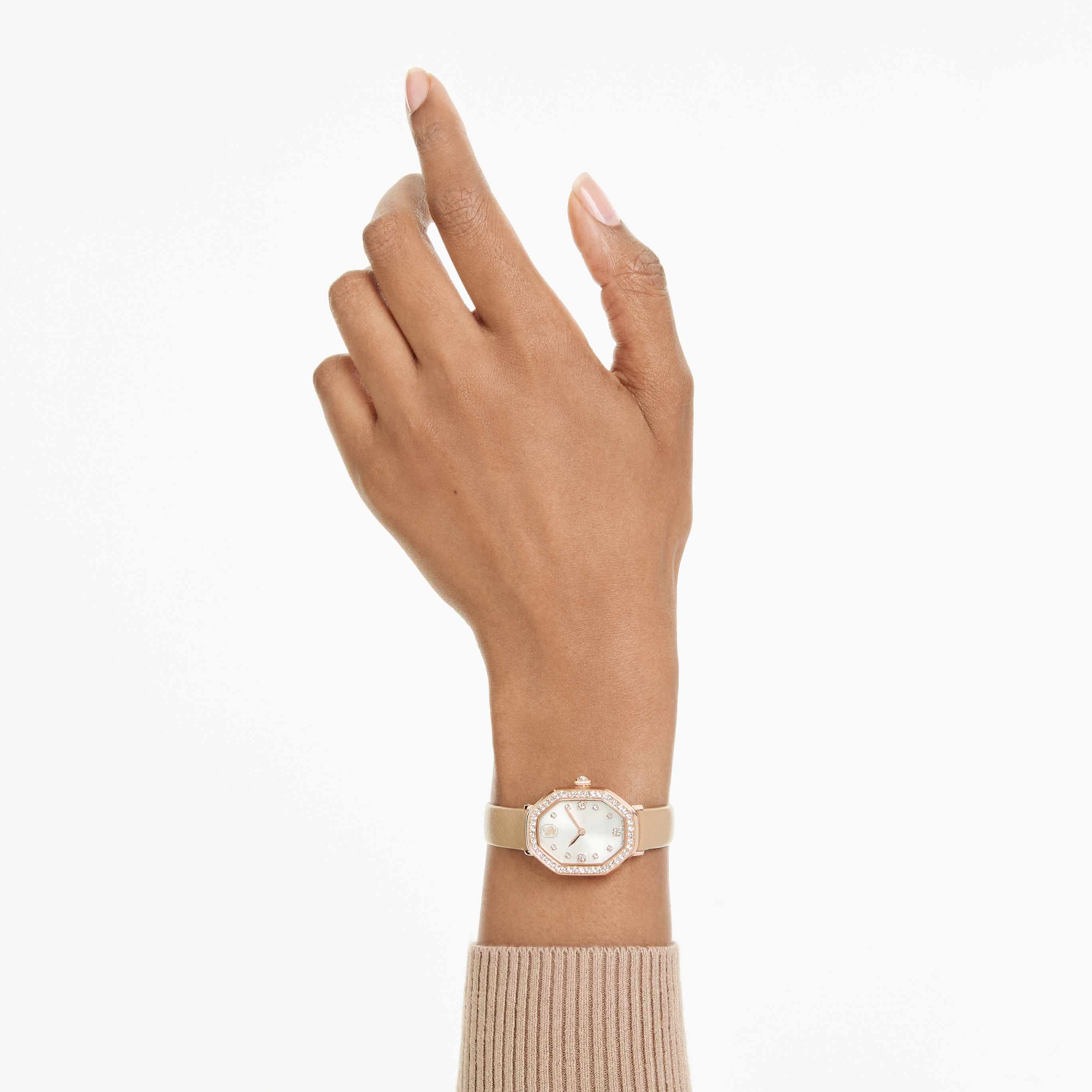Swarovski Dextera octagon watch Swiss Made, Leather strap, White, Rose gold-tone finish