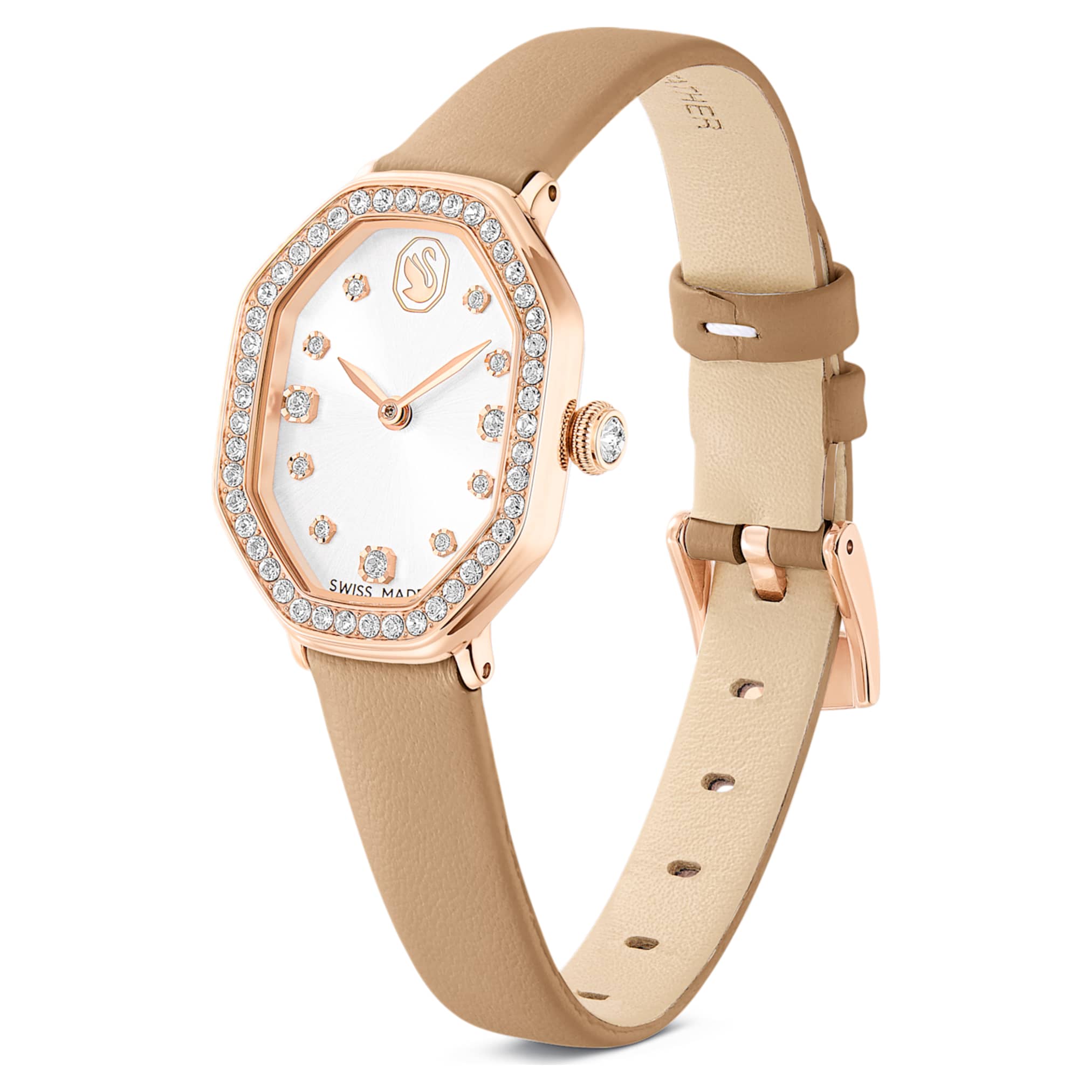 Swarovski Dextera octagon watch Swiss Made, Leather strap, Brown, Rose gold-tone finish