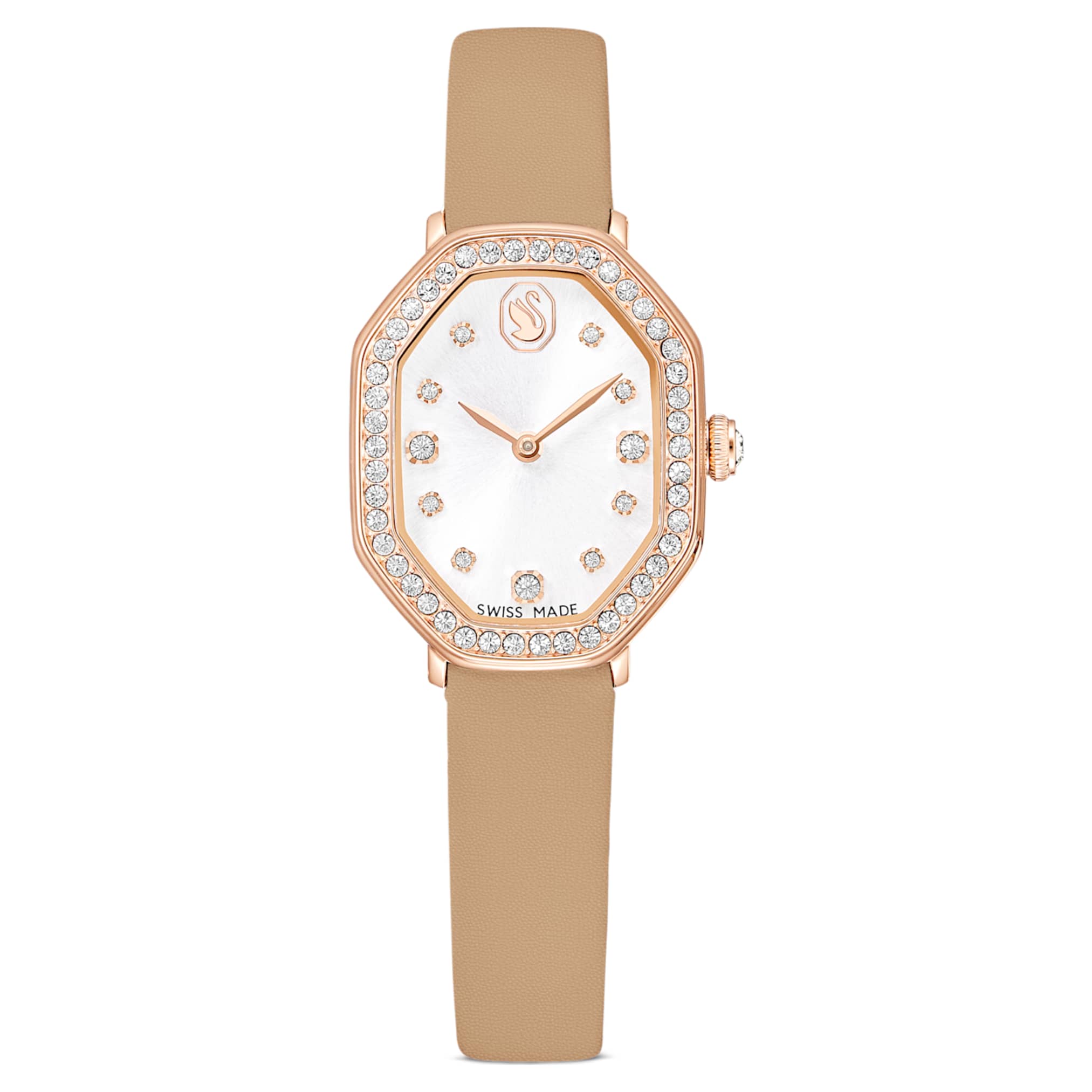 Swarovski Dextera octagon watch Swiss Made, Leather strap, Brown, Rose gold-tone finish
