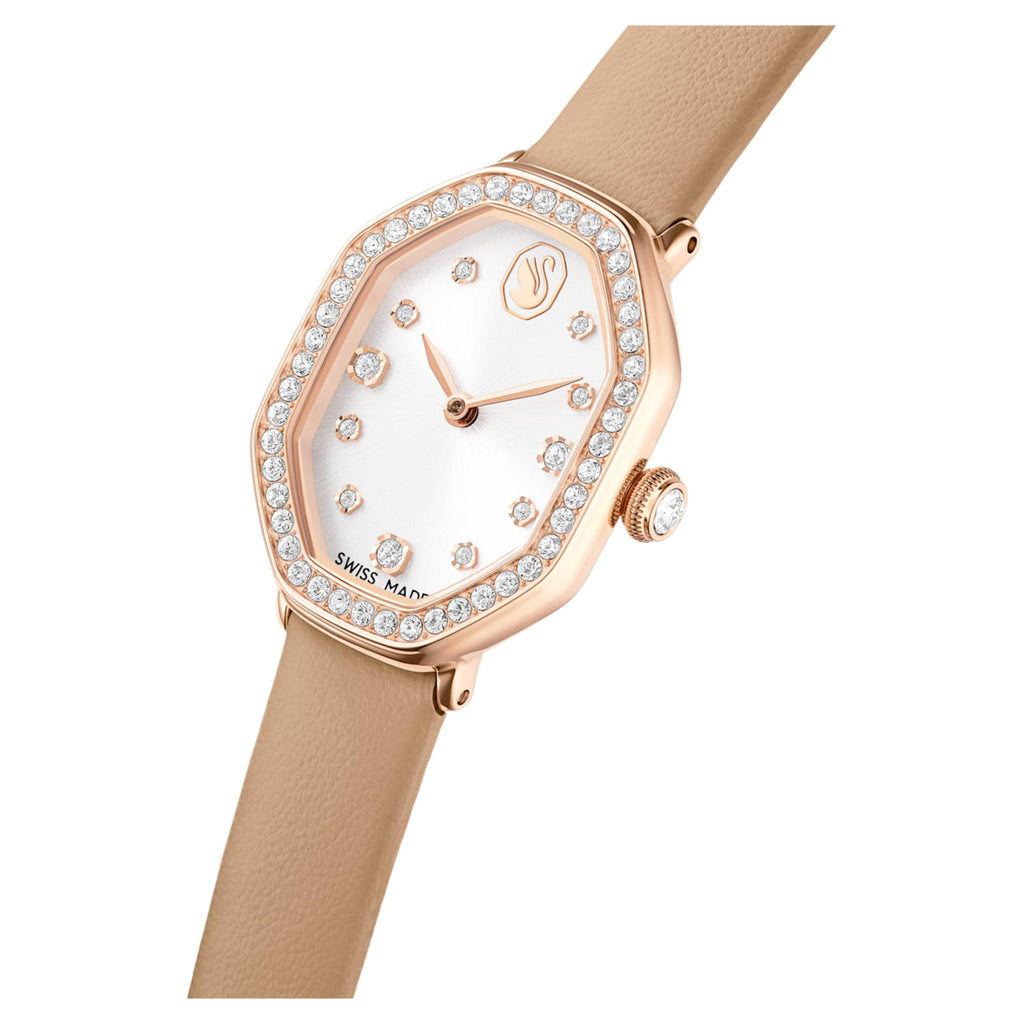 Swarovski Dextera octagon watch Swiss Made, Leather strap, Brown, Rose gold-tone finish