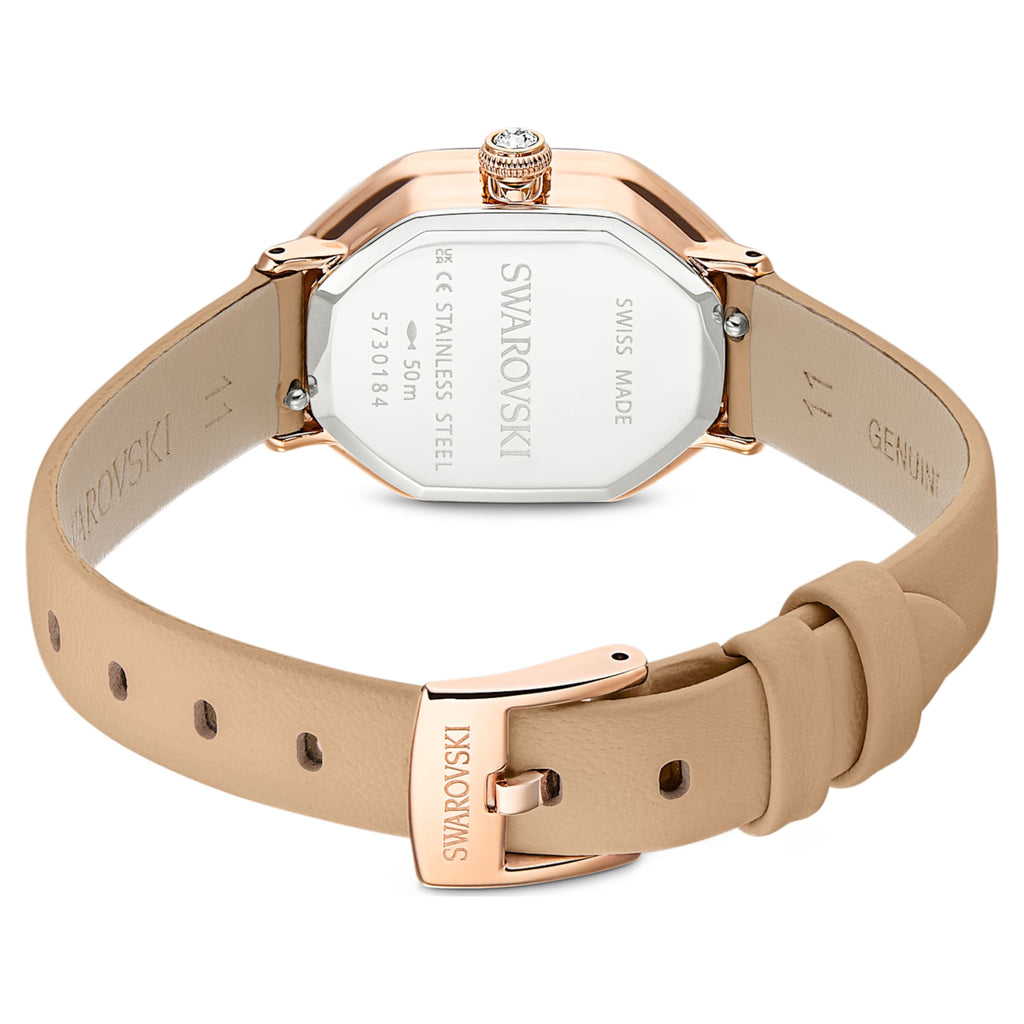 Swarovski Dextera octagon watch Swiss Made, Leather strap, Brown, Rose gold-tone finish