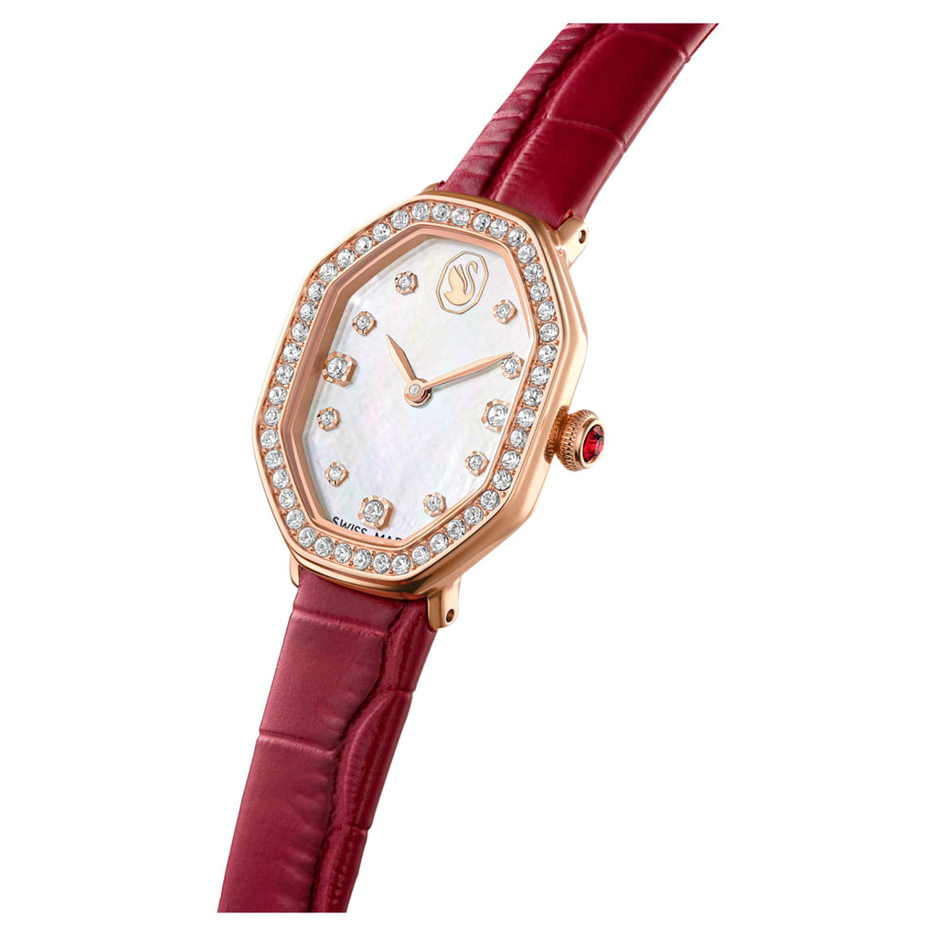Swarovski Dextera octagon watch Swiss Made, Leather strap, Red, Rose gold-tone finish