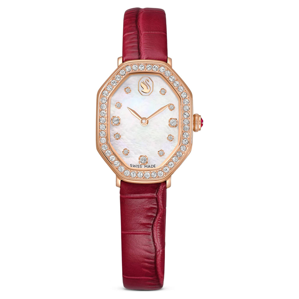 Swarovski Dextera octagon watch Swiss Made, Leather strap, Red, Rose gold-tone finish