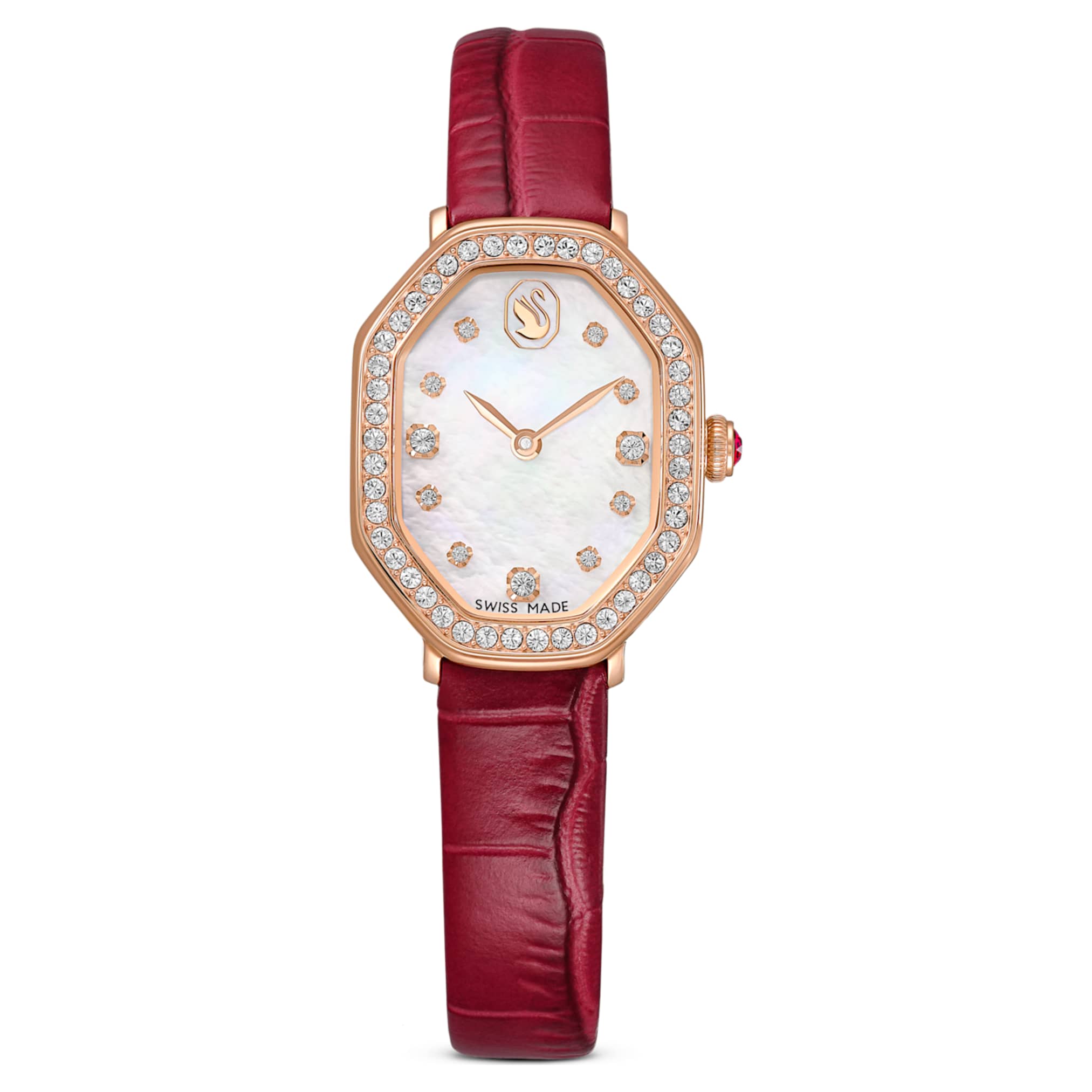 Swarovski Dextera octagon watch Swiss Made, Leather strap, Red, Rose gold-tone finish