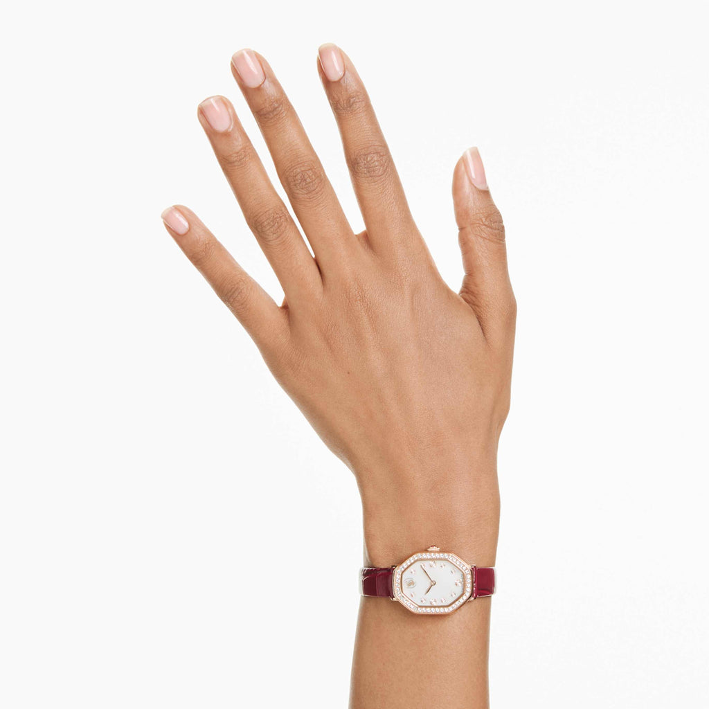 Swarovski Dextera octagon watch Swiss Made, Leather strap, Red, Rose gold-tone finish