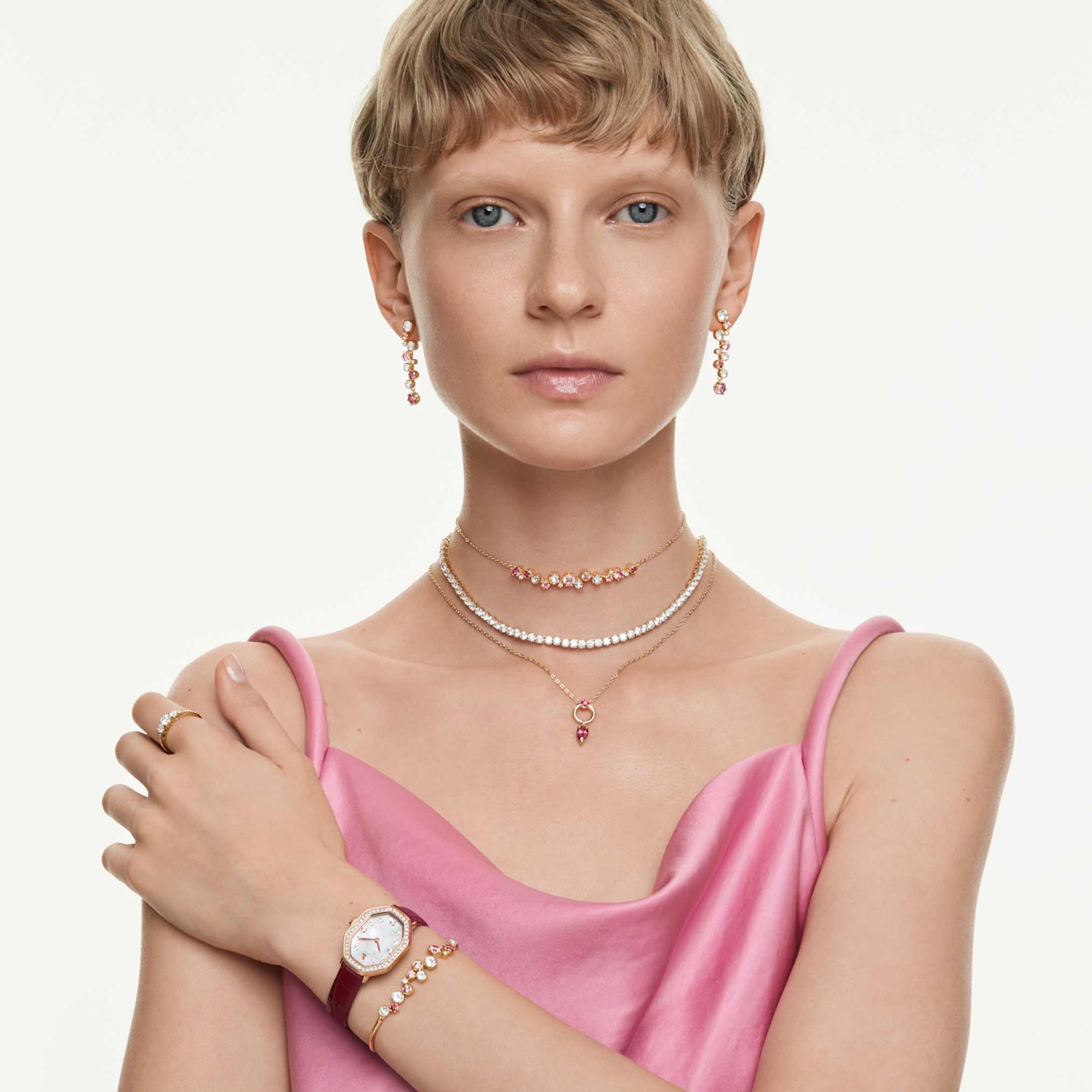 Swarovski Dextera octagon watch Swiss Made, Leather strap, Red, Rose gold-tone finish