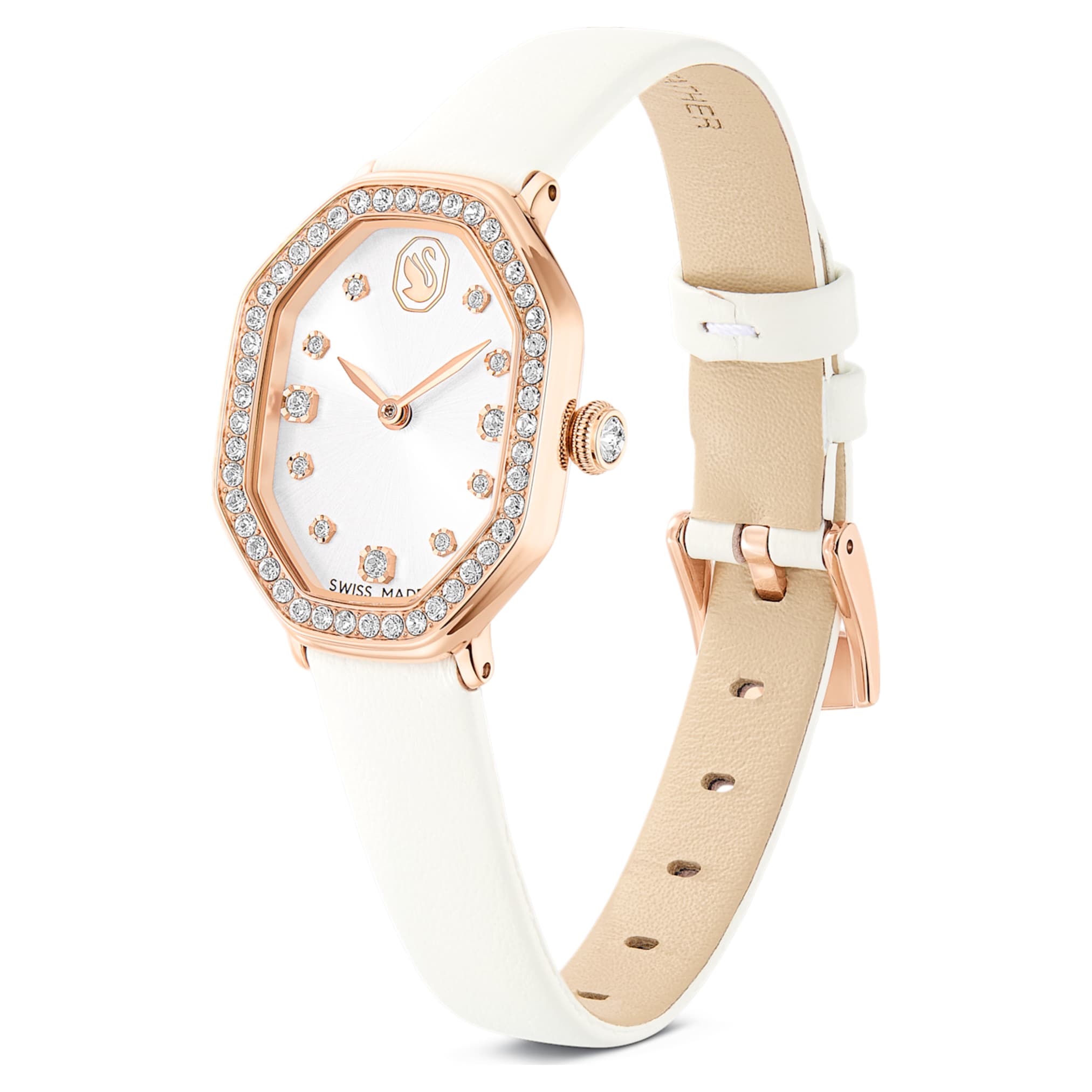 Swarovski Dextera octagon watch Swiss Made, Leather strap, White, Rose gold-tone finish