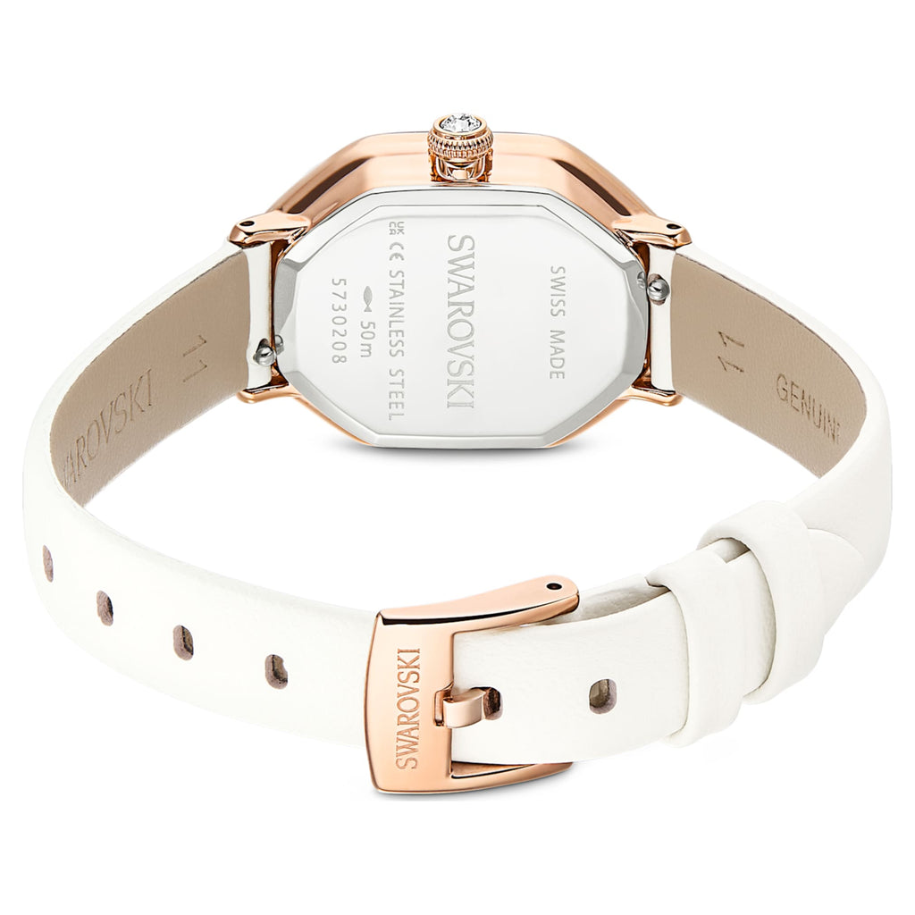 Swarovski Dextera octagon watch Swiss Made, Leather strap, White, Rose gold-tone finish