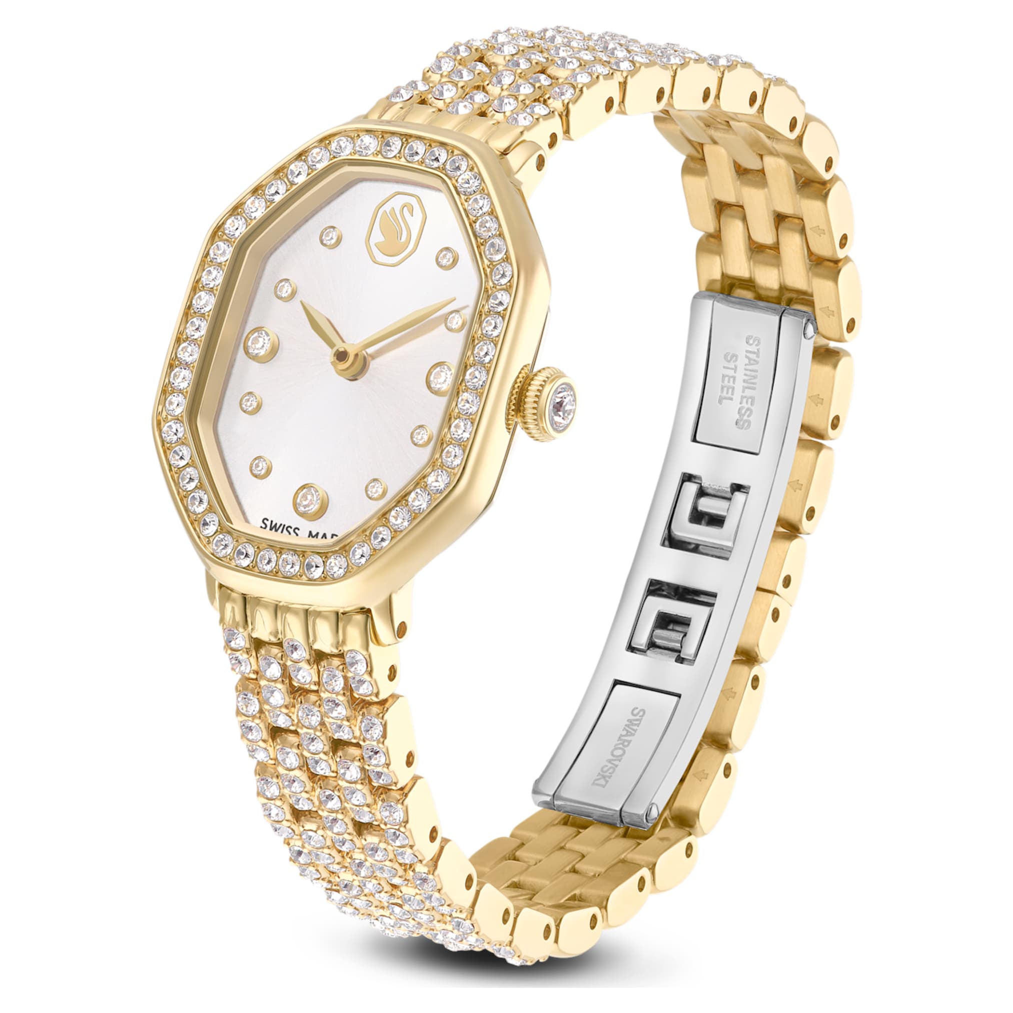 Swarovski Dextera octagon watch Swiss Made, Metal bracelet, Gold tone, Gold-tone finish