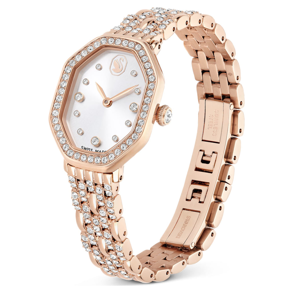 Swarovski Dextera octagon watch Swiss Made, Metal bracelet, Gold tone, Rose gold-tone finish