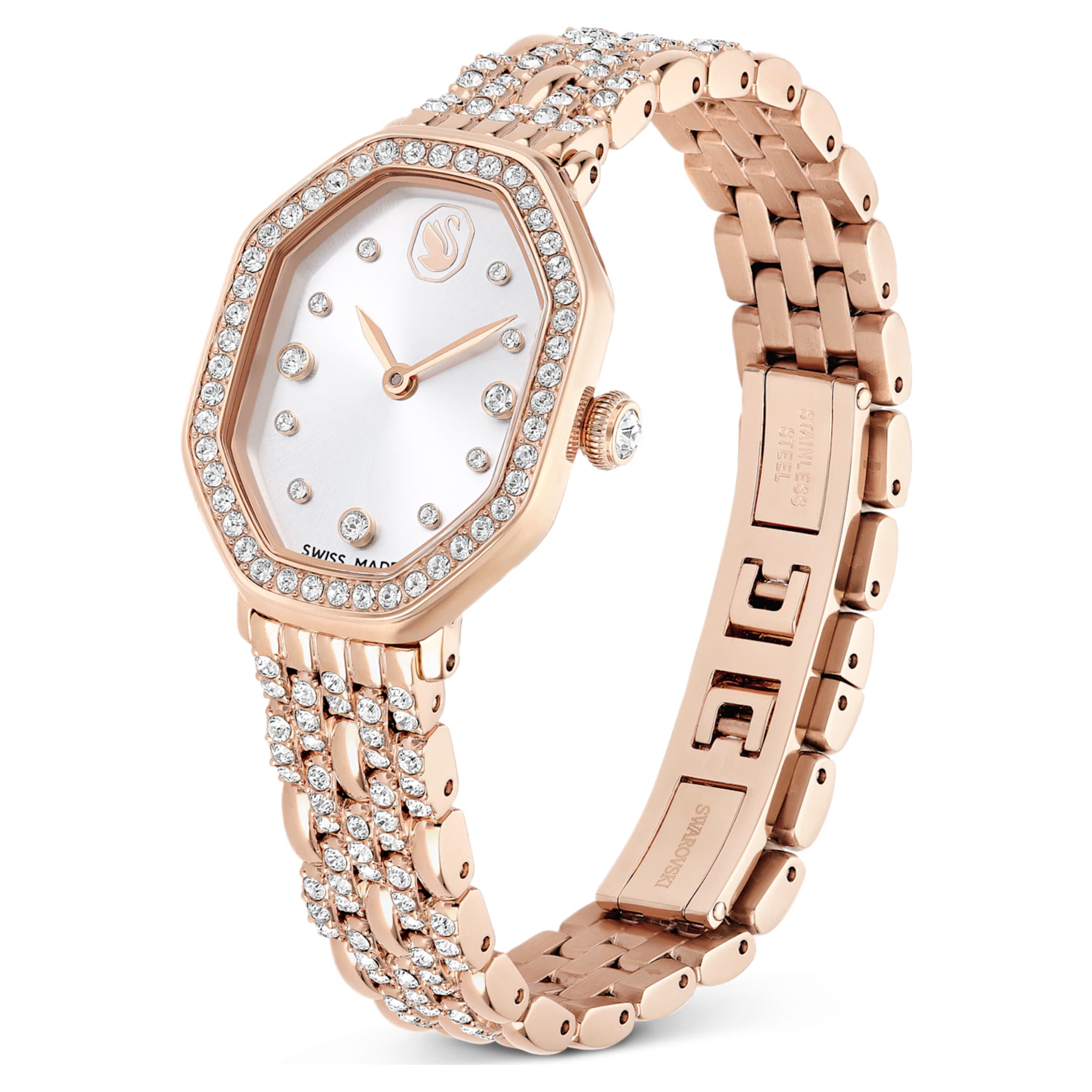 Swarovski Dextera octagon watch Swiss Made, Metal bracelet, Gold tone, Rose gold-tone finish
