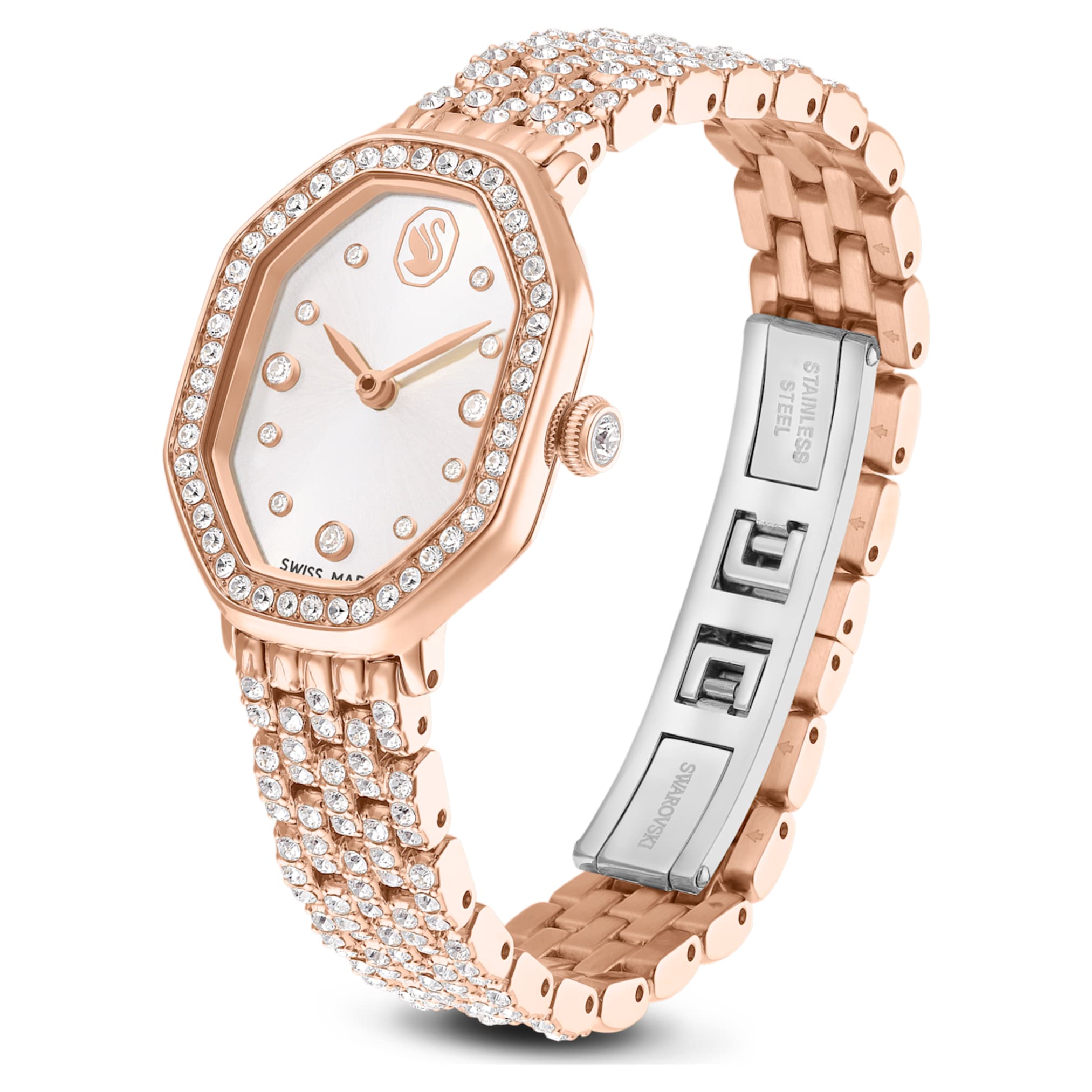 Swarovski Dextera octagon watch Swiss Made, Metal bracelet, Rose gold tone, Rose gold-tone finish