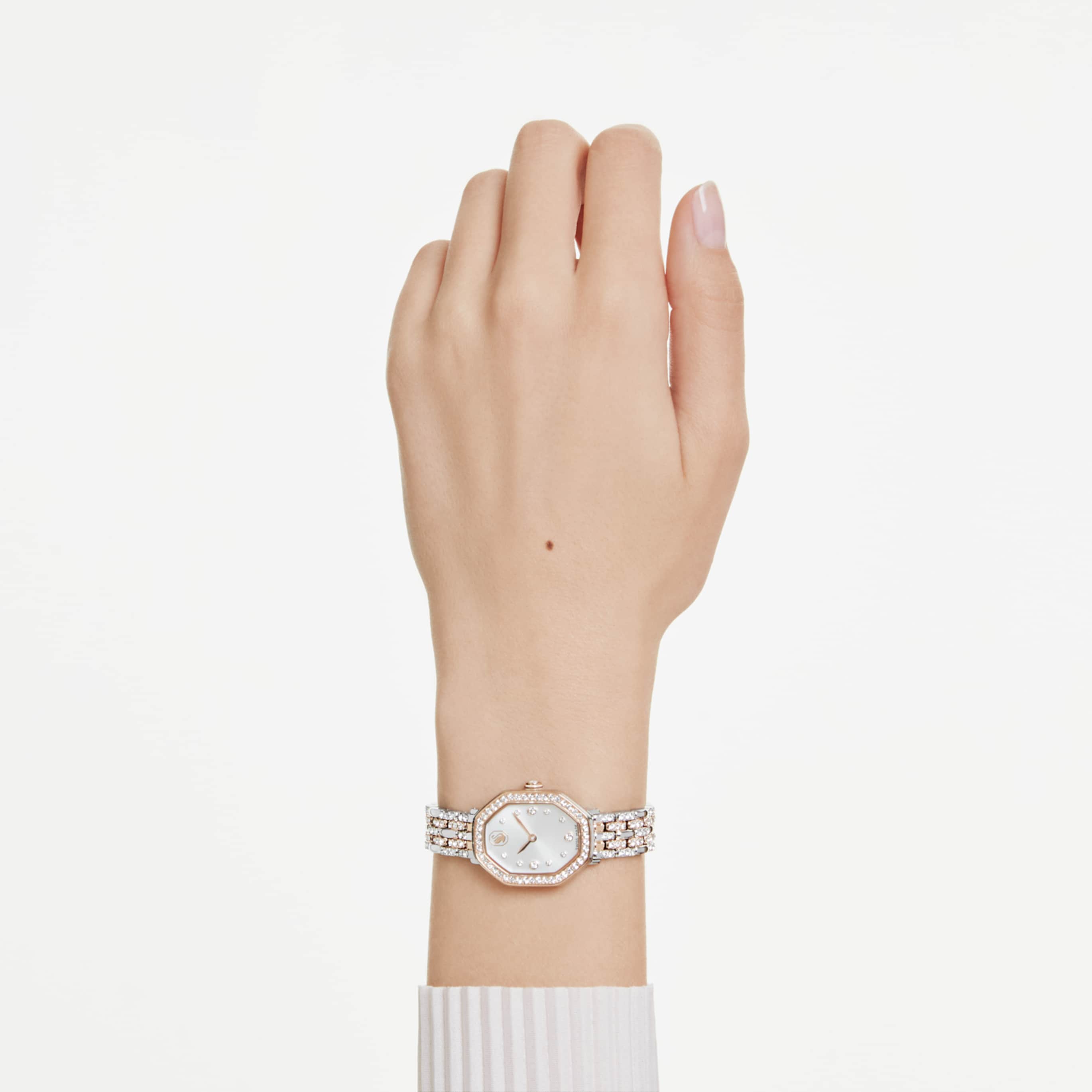 Swarovski Dextera octagon watch Swiss Made, Metal bracelet, Silver tone, Rose gold-tone finish