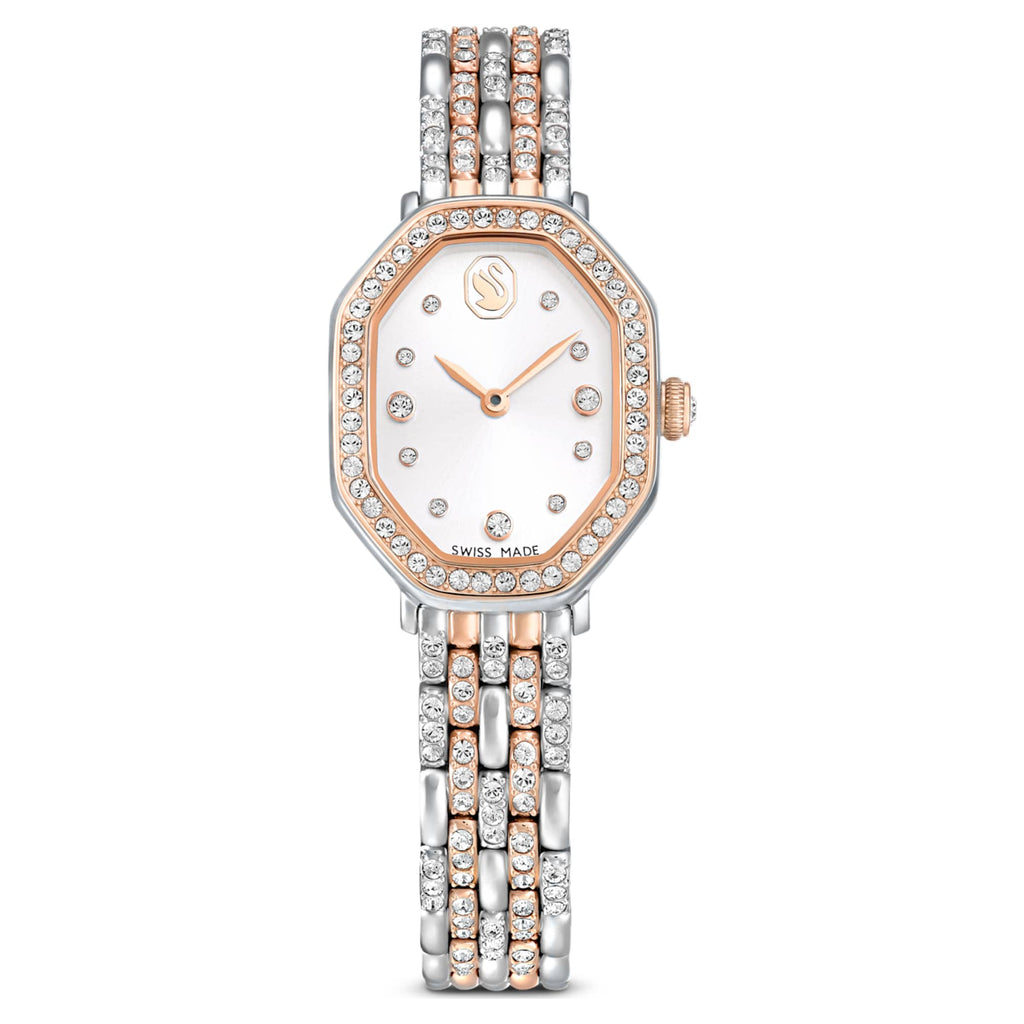 Swarovski Dextera octagon watch Swiss Made, Metal bracelet, Silver tone, Rose gold-tone finish