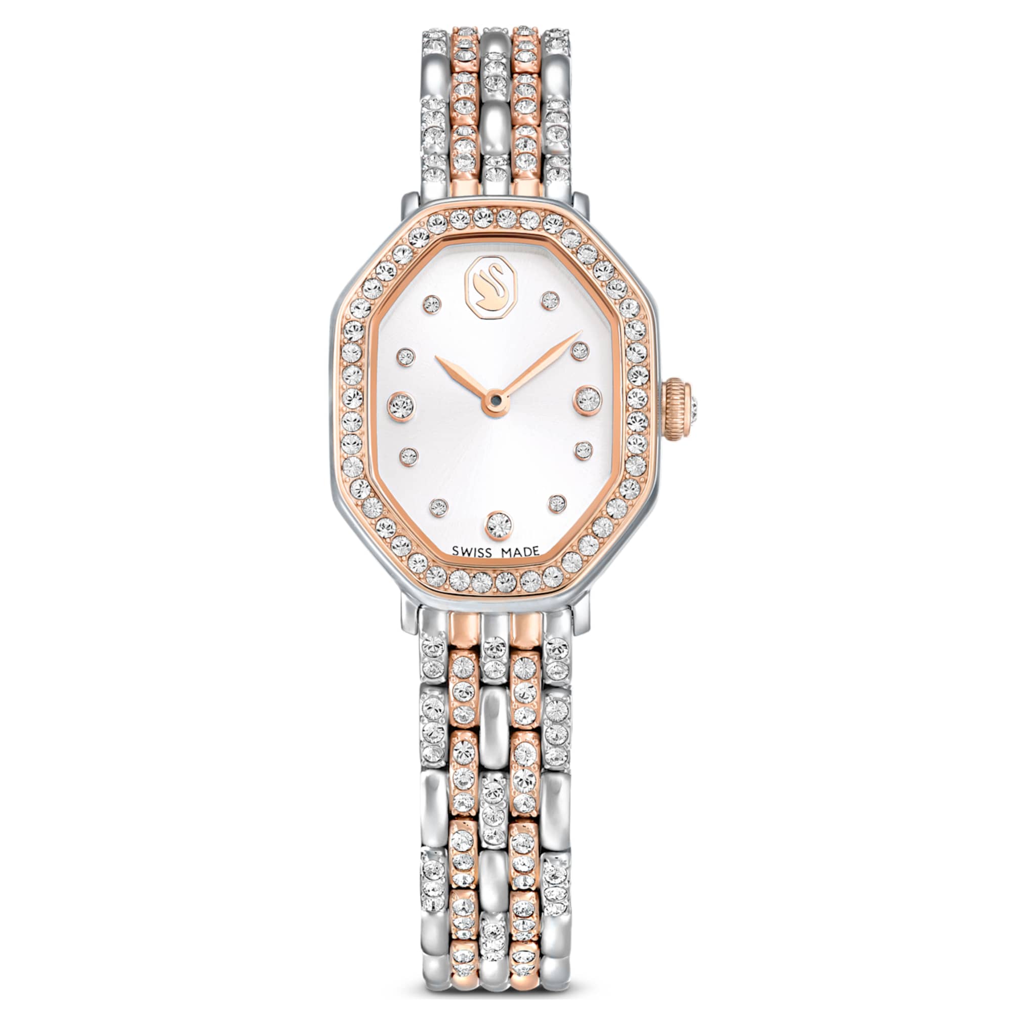 Swarovski Dextera octagon watch Swiss Made, Metal bracelet, Silver tone, Rose gold-tone finish