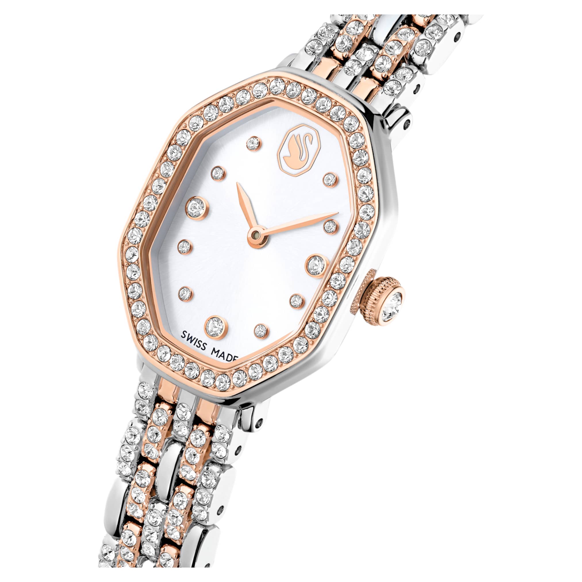 Swarovski Dextera octagon watch Swiss Made, Metal bracelet, Silver tone, Rose gold-tone finish